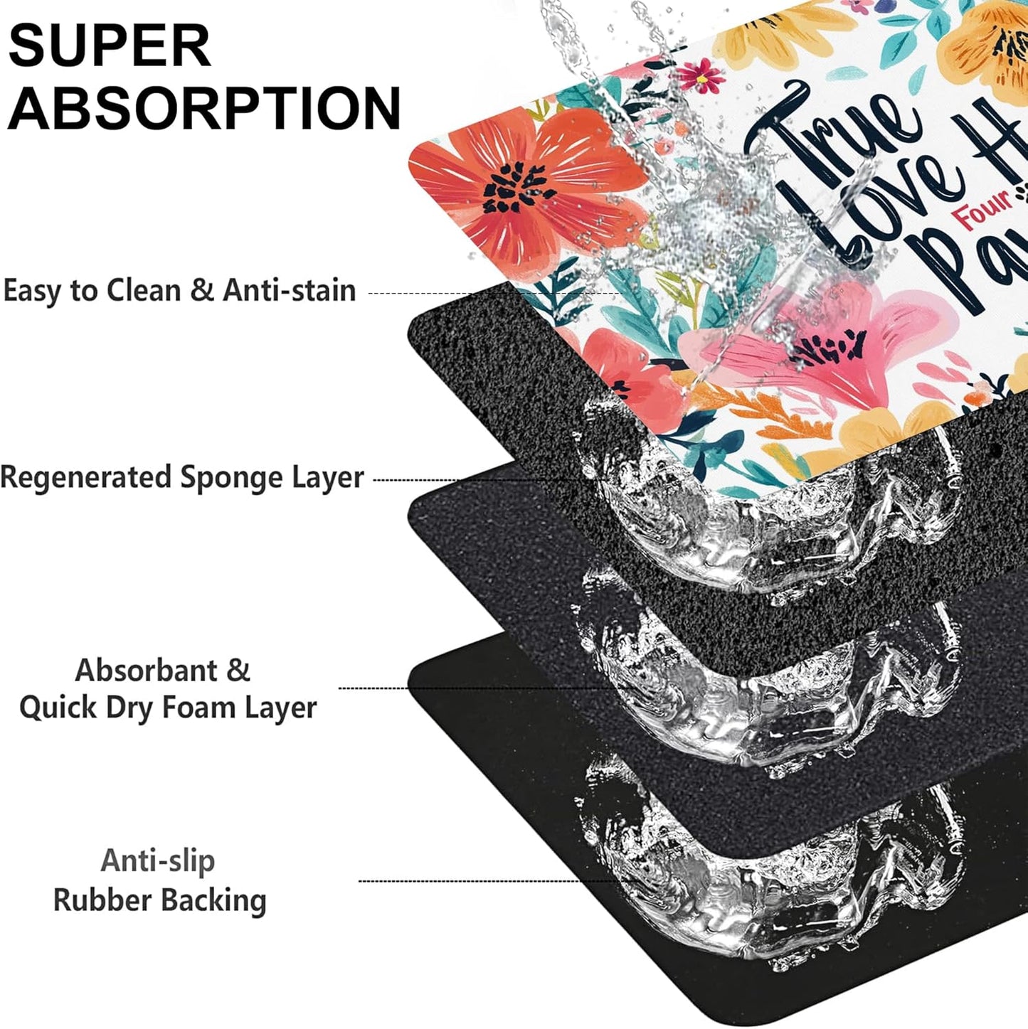 True Love Floral Dog Cat Food Mat-Absorbent Placemat for Food and Water Bowl, Waterproof Non Slip Rubber Backing Dog Food Mats for Floors, Pet Supplies 16 * 24 inch