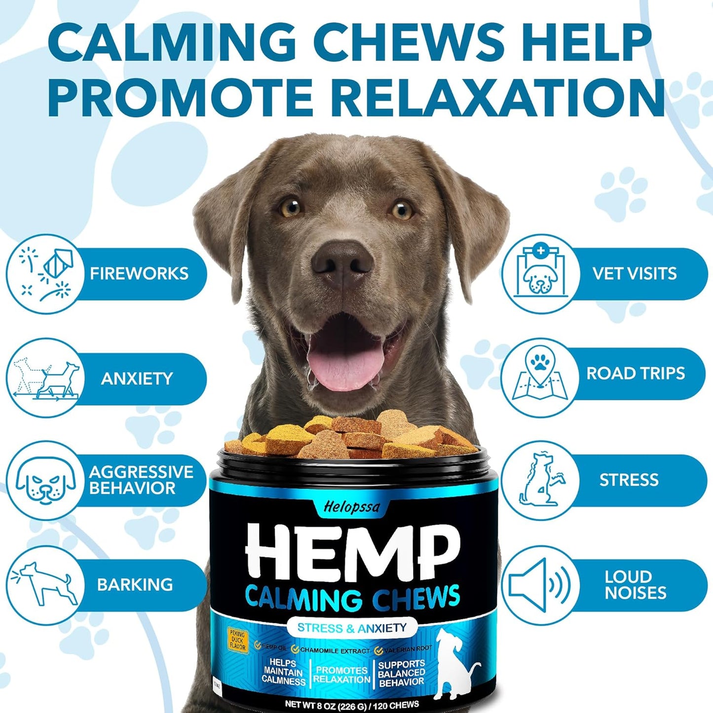 Hemp Calming Chews for Dogs with Anxiety and Stress - Anxiety Relief Chews for Storms, Fireworks, Thunder, Barking, Separation - Valerian, L-Tryptophan, Hemp Oil - Peking Duck- 120 Dog Calming Treats