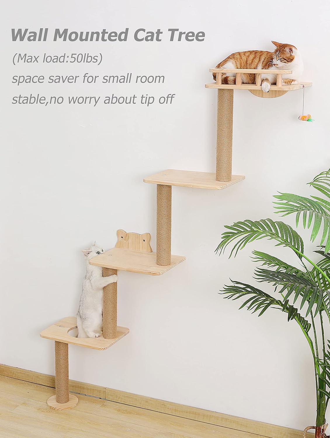 Cat Tree Wall Mounted with 4 Levels Shelves, 73" Wood Corner Tower Inside Kitten Playground for Climbing,Playing and Lounging (Left to Right)