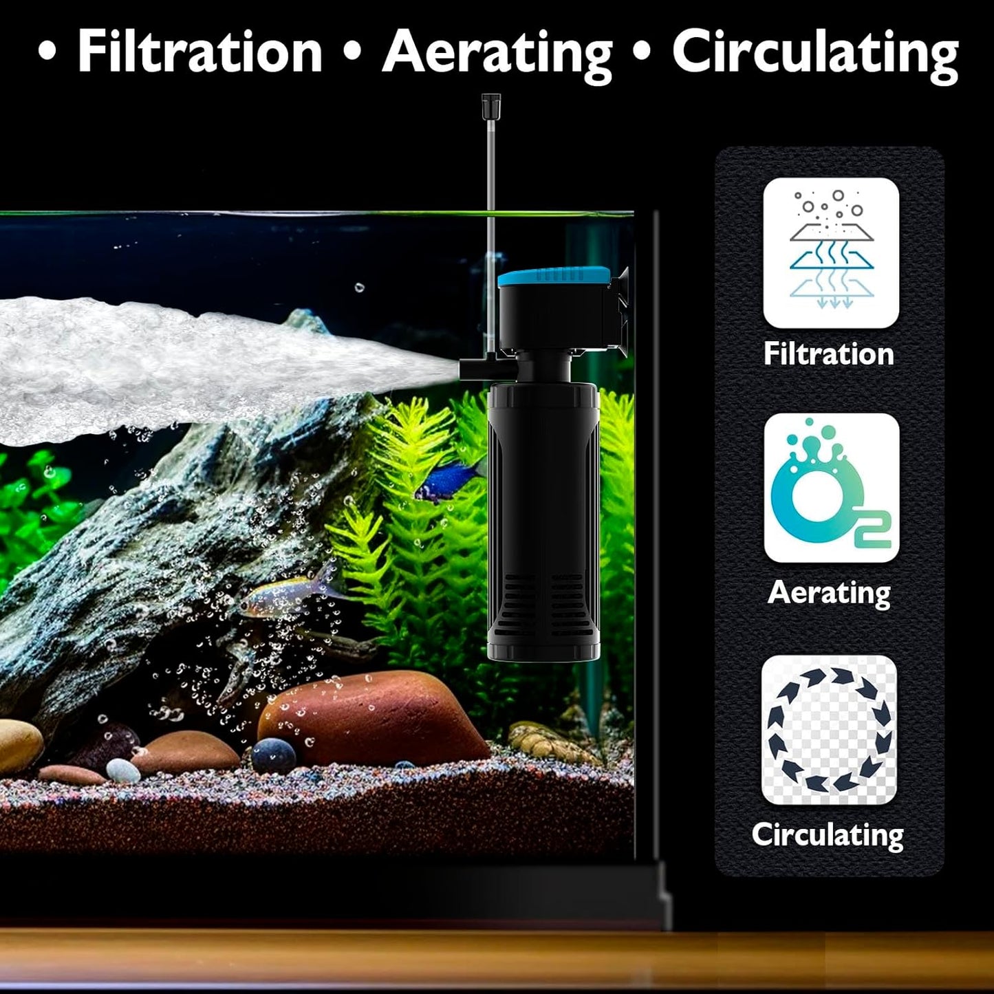 AquaMiracle Submersible Aquarium Filter 3-Stage in-Tank Filter with Dual Water Outlet & Aeration, Water Flow Adjustable 225GPH Internal Fish Tank Filter for 20-70 Gallon Aquariums