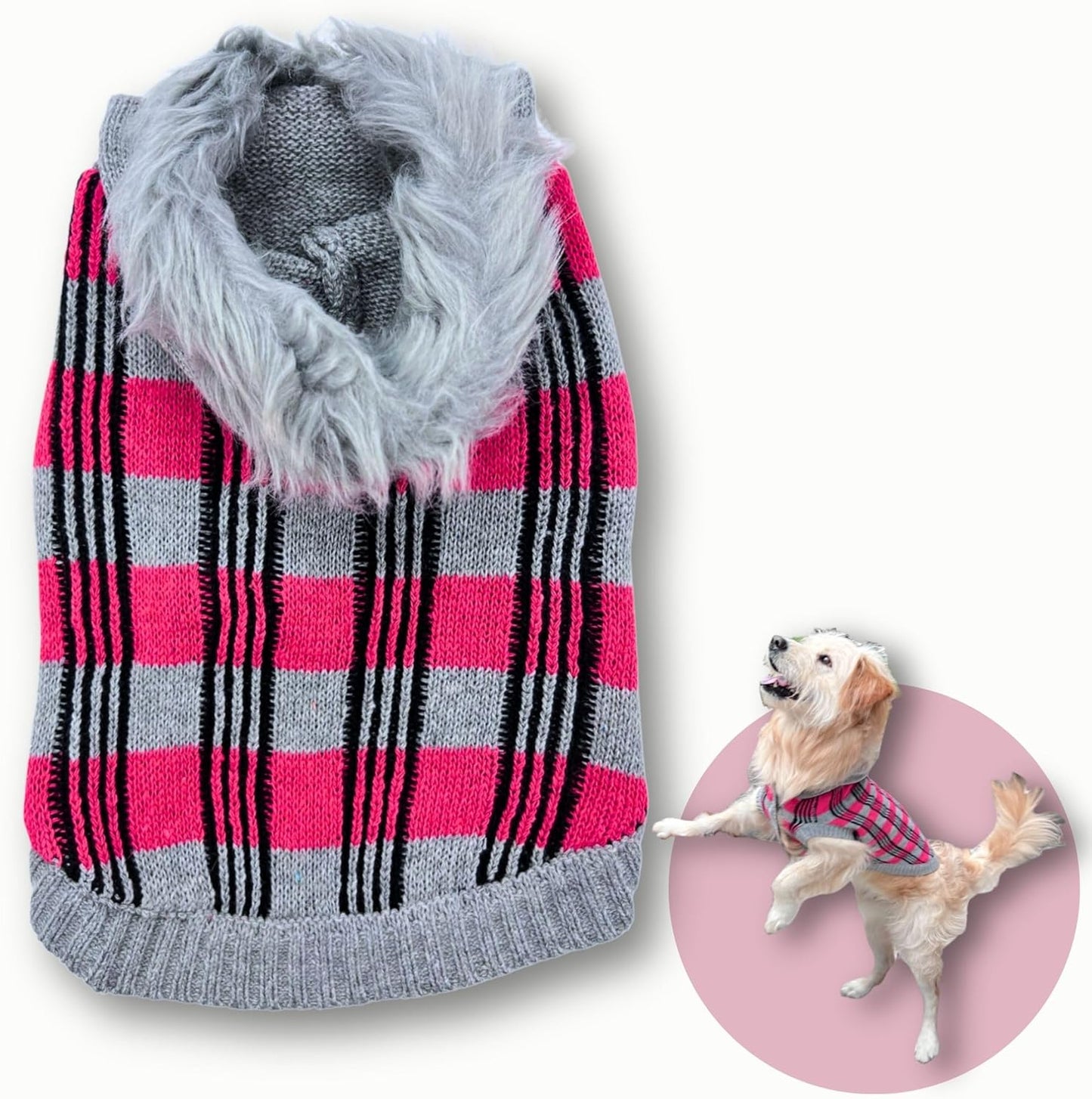 Cute Sweater for Dogs and Cats Soft Flannel Pet Outfit Warm and Cozy Animal Hoodie Small to Large Pet Clothes for Halloween Parties and Everyday Wear (Small, Pink Checkered with Hat)