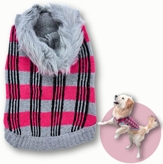 Cute Sweater for Dogs and Cats Soft Flannel Pet Outfit Warm and Cozy Animal Hoodie Small to Large Pet Clothes for Halloween Parties and Everyday Wear (Medium, Pink Checkered with Hat)