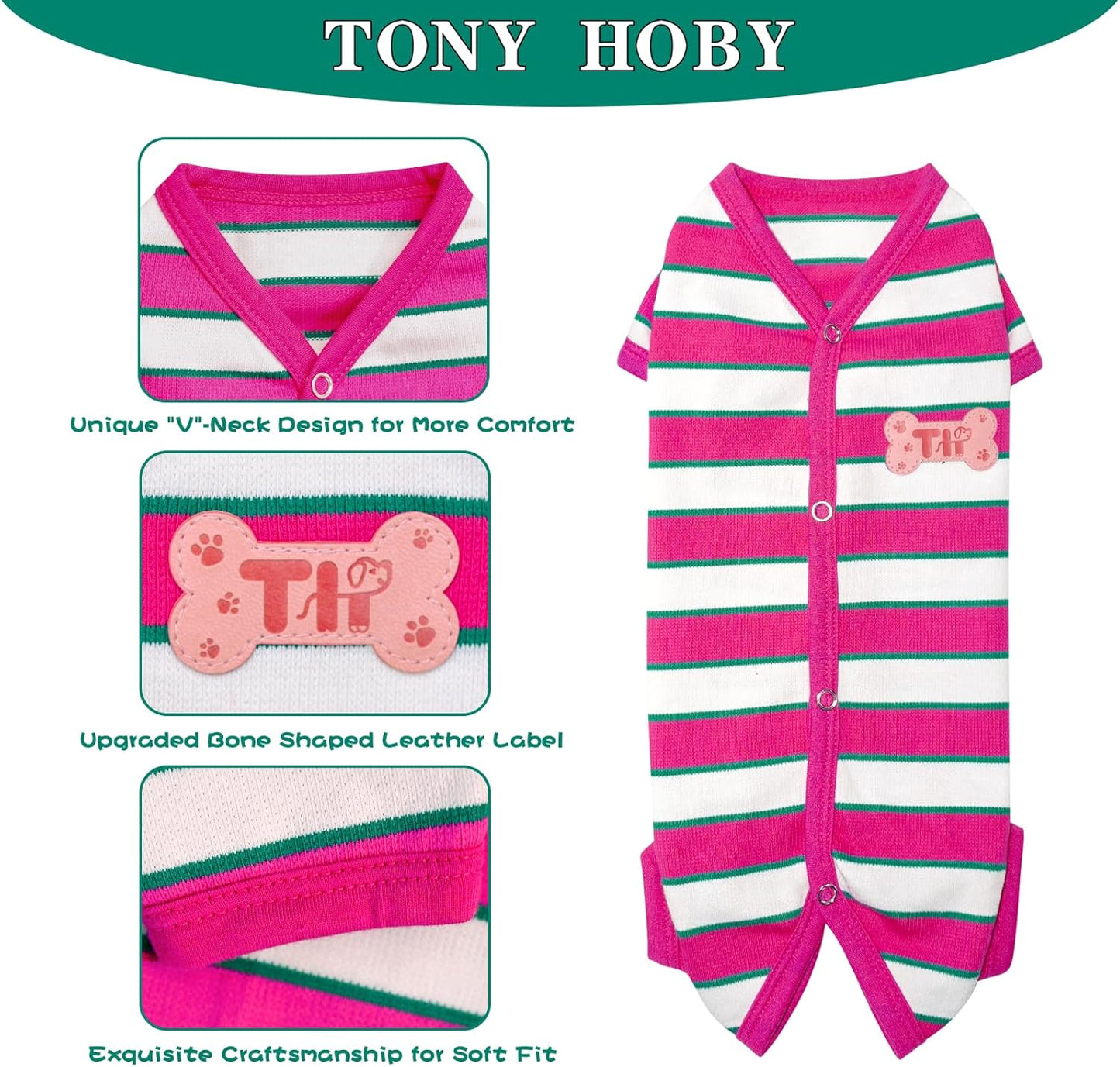 TONY HOBY Male Dog Pajamas, Dog Jumpsuit with Rose Red Stripe, Colorful Dogs Shirt for Small Medium Dogs (Rose Red&White, Boy, S)