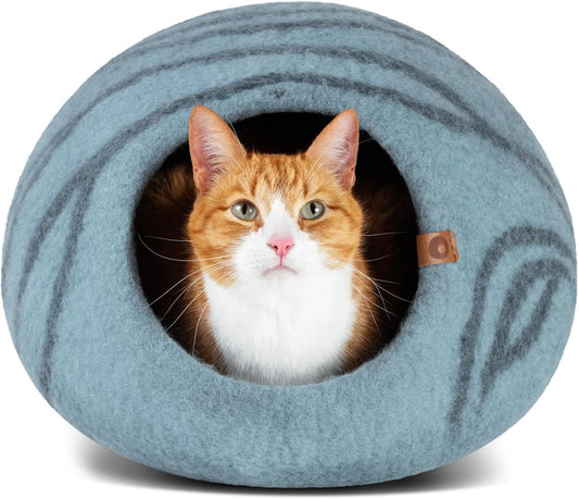 MEOWFIA Cat Cave – Premium Felt Cat Bed for Indoor Cats, Handmade 100% Merino Wool (Aquamarine, Large)
