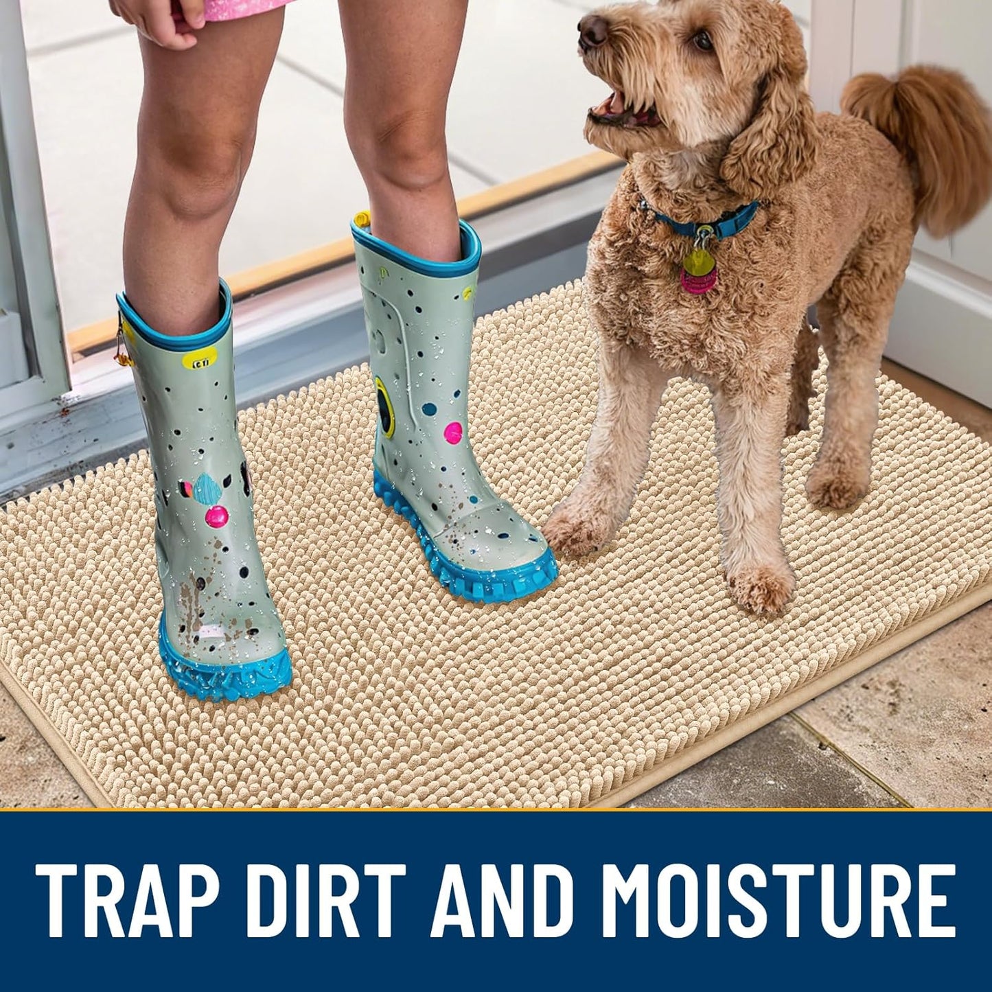 Smiry Dog Door Mat for Muddy Paws 59x20, Absorbs Moisture and Dirt Doormat, Non-Slip Washable Quick Dry Chenille Front Door Mat Indoor Entrance, Entryway Carpet for Inside Floor, Beige