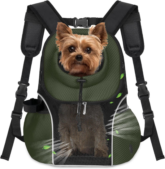 WOYYHO Pet Dog Carrier Backpack Small Dog Front Backpack Ventilated Mesh Dog Travel Back Pack with Safety Belt for Travel Hiking Cycling Outdoor Adventures (Size L: 10-14 lbs, Army Green)