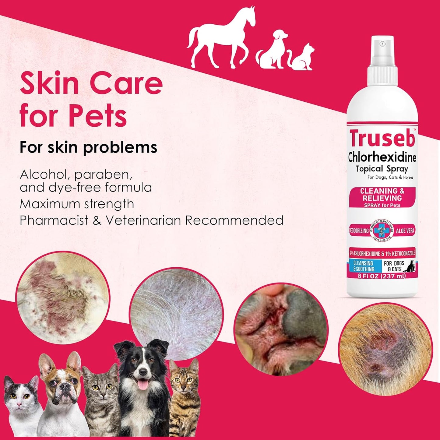 Truseb Topical Ketoconazole and Chlorhexidine Spray for Dogs, Cats, and Horses with Aloe - 8 oz (Ketoconazole & Chlorhexidine Spray, 8 oz)