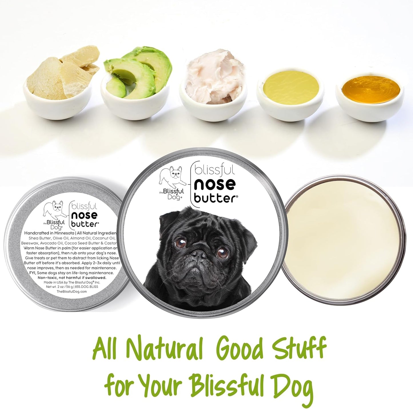 The Blissful Dog Black Pug Nose Butter for Dry, Cracked Skin, Lick-Safe Dog Nose Balm with Moisturizing Shea Butter, Almond, Olive, and Essential Oils, Pet Supplies, Uncented, 8 oz.