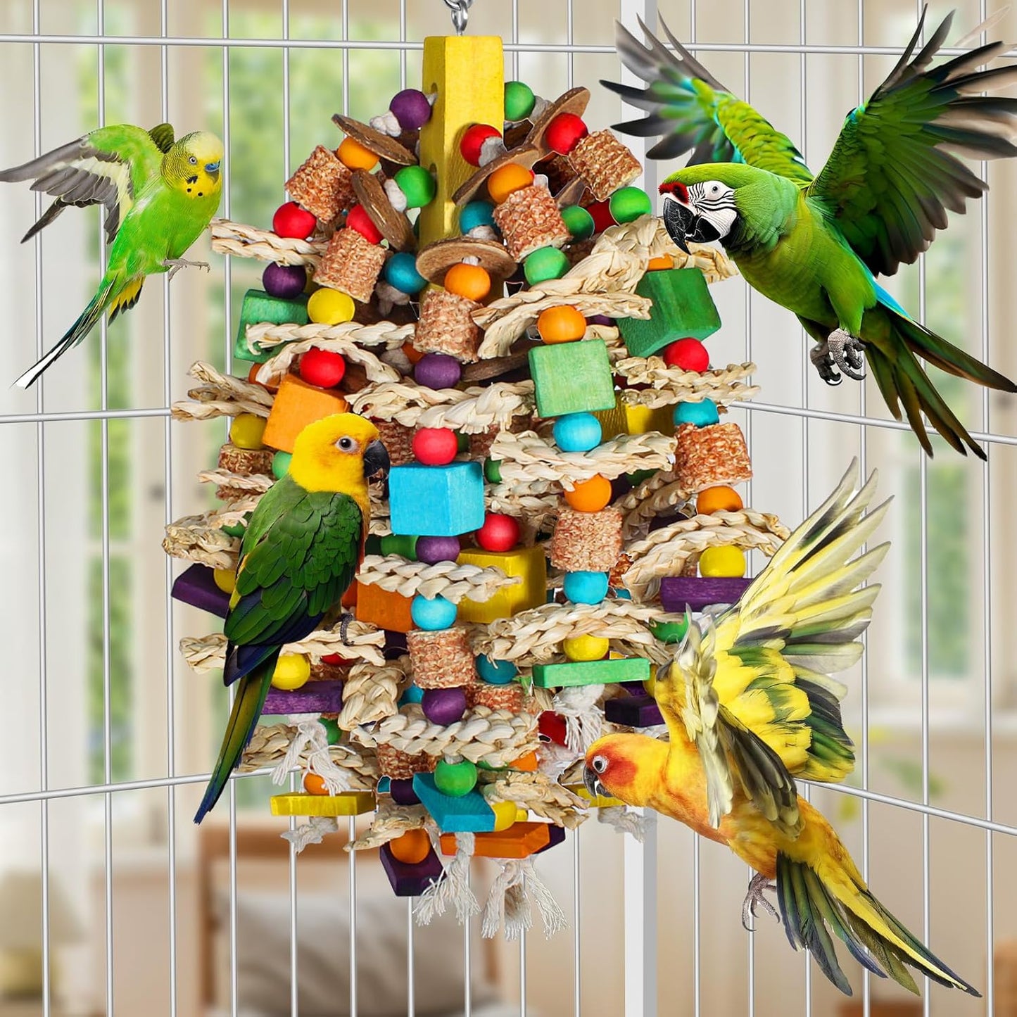 Medium Large Parrot Toys 20in Chewable Bird Toy with Coconut Shell, Poplar Wood, Corn Cob, 112 Schima Wood Beads Bird Shredding Toys Parakeet Macaw Cockatiel Conure African Grey Parrot Gifts