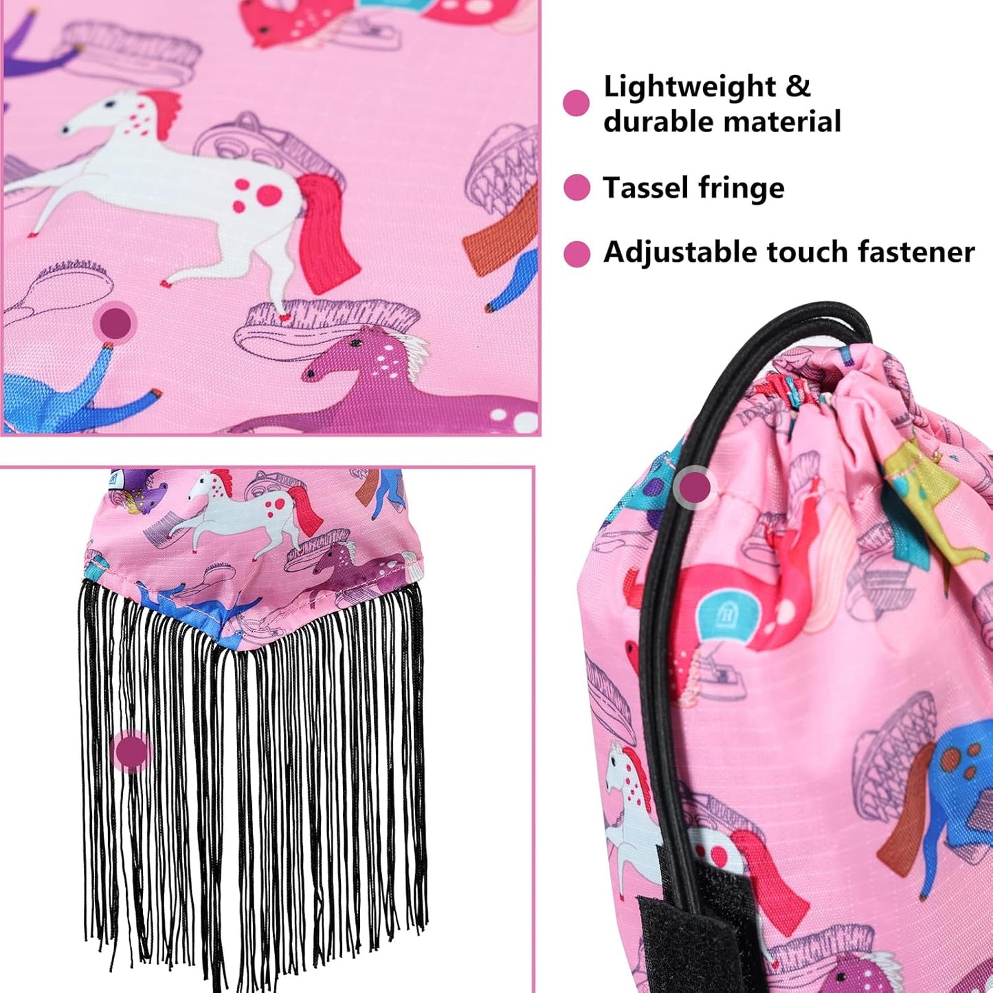 Harrison Howard Smooth Lightweight Adjustable Fastener Nylon Horse Tail Bag with Fringe