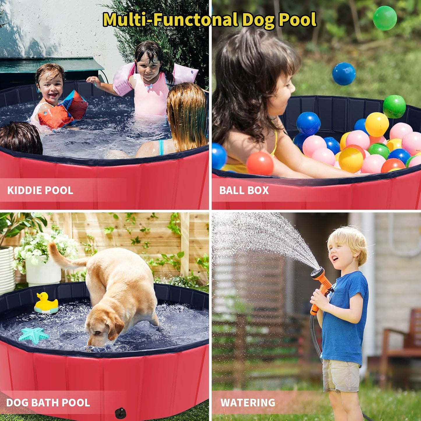 Foldable Dog Pool, 39" x 12" Kiddie Pool with Hard Plastic, Non-Slip Dog Bath Tub for Outdoor Backyard, Collapsible Dog Swimming Pool for Kids Dogs Pets (Red)