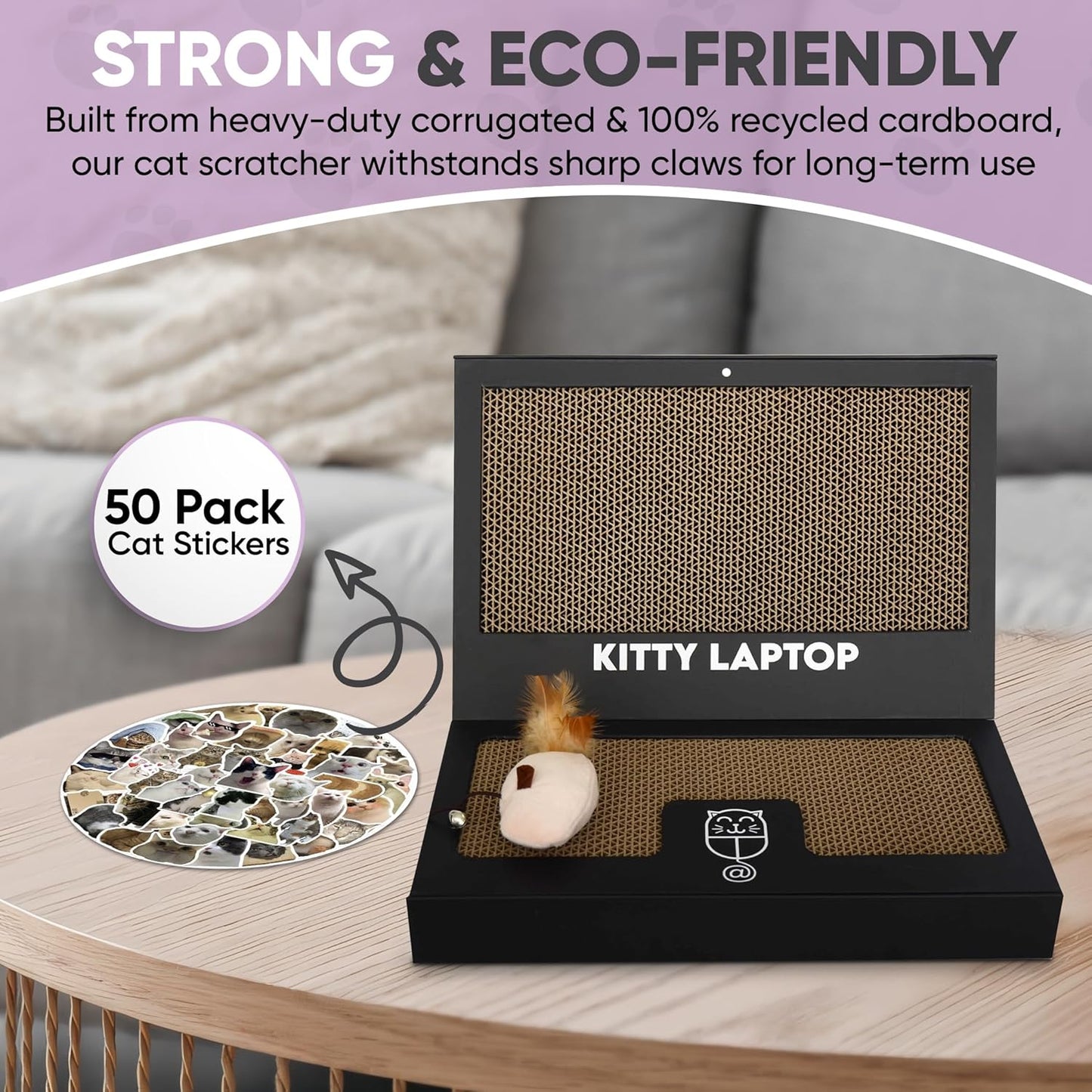 Toy Cat Laptop with 2 Scratchboards + Catnip Mouse Toy for Cats + 50pack Cat Sticker - Interactive Eco-Friendly Cat Computer with Scratch Pad Laptop for Cats - Mini Cat Laptop