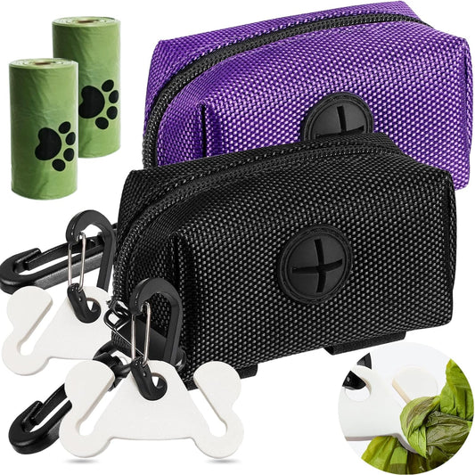 2Packs Dog Waste Bag Dispenser Pet Poop Bags Holder for Doggie Waste Bags Dispensers Soft Fabric Zipper Small Doggy Puppy Pouch for Leash Accessory Attachment with Carrier (Black & Purple)