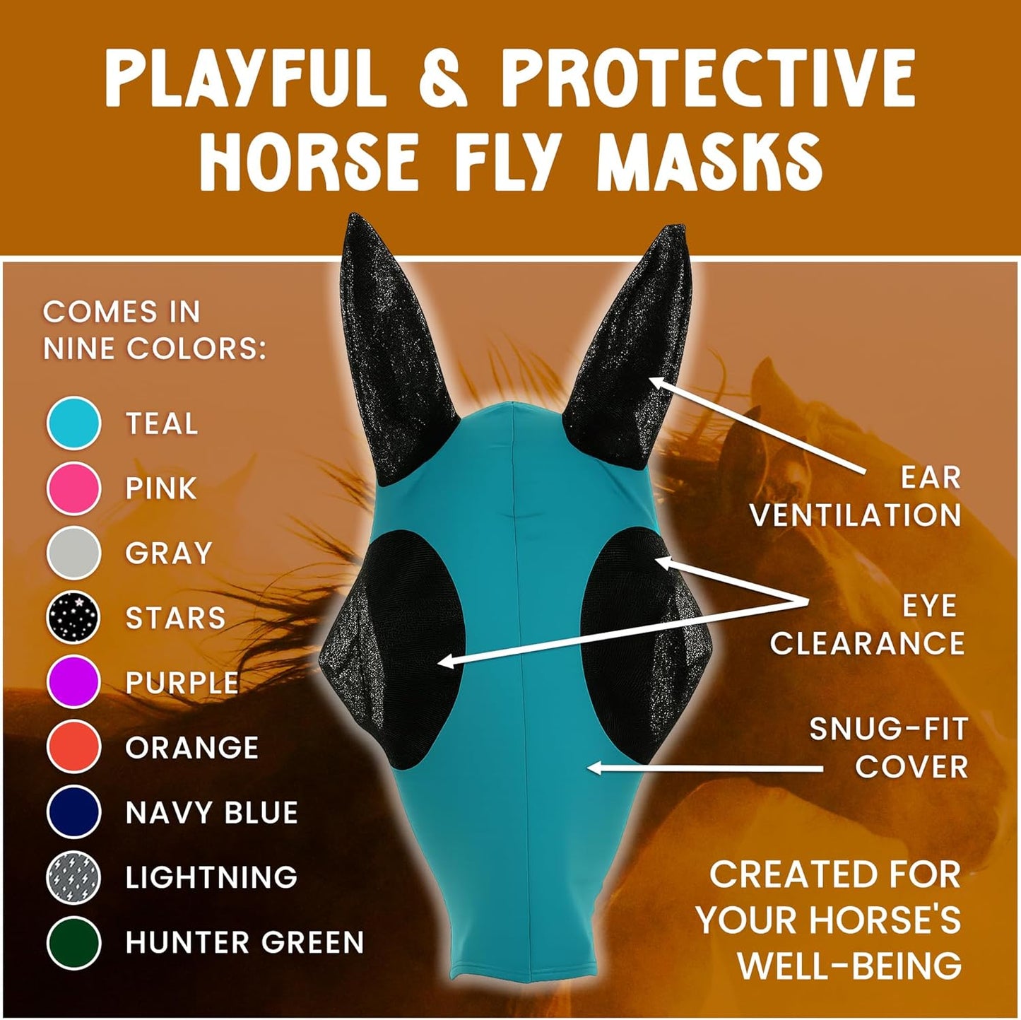 Horse Fly Mask - Arab Equine Fly Mask with Full Coverage for Eye & Ear - Stretchable, UV & Sun Protection Flymask for Horses, Ponies & Mini Horses - Horse Face Cover for Pasture & Trail - Orange