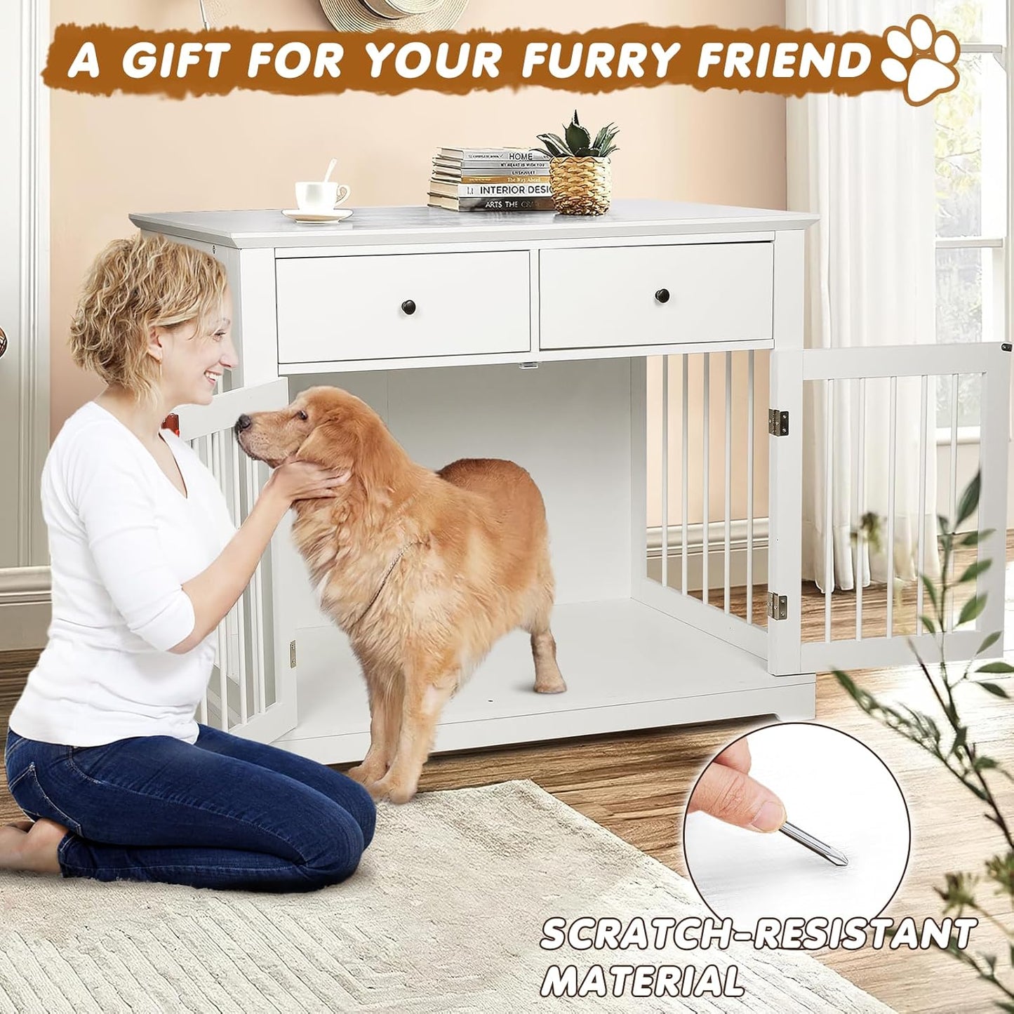 PUKAMI 44inch Dog Crate Furniture with Drawers,Wooden Dog Kennel Furniture for Large Breed,White End Table Wood Dog House for Indoor use,for Small/Medium/Large Dog