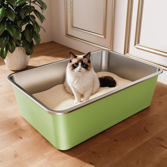 Stainless Steel Litter Box, Large Metal Cat Litter Box with High Sided for Big and Small Cats, Non-Stick, Easy to Clean, Odor-Free, 23.4" L×15.6" W×7.8" H, Leaf Green