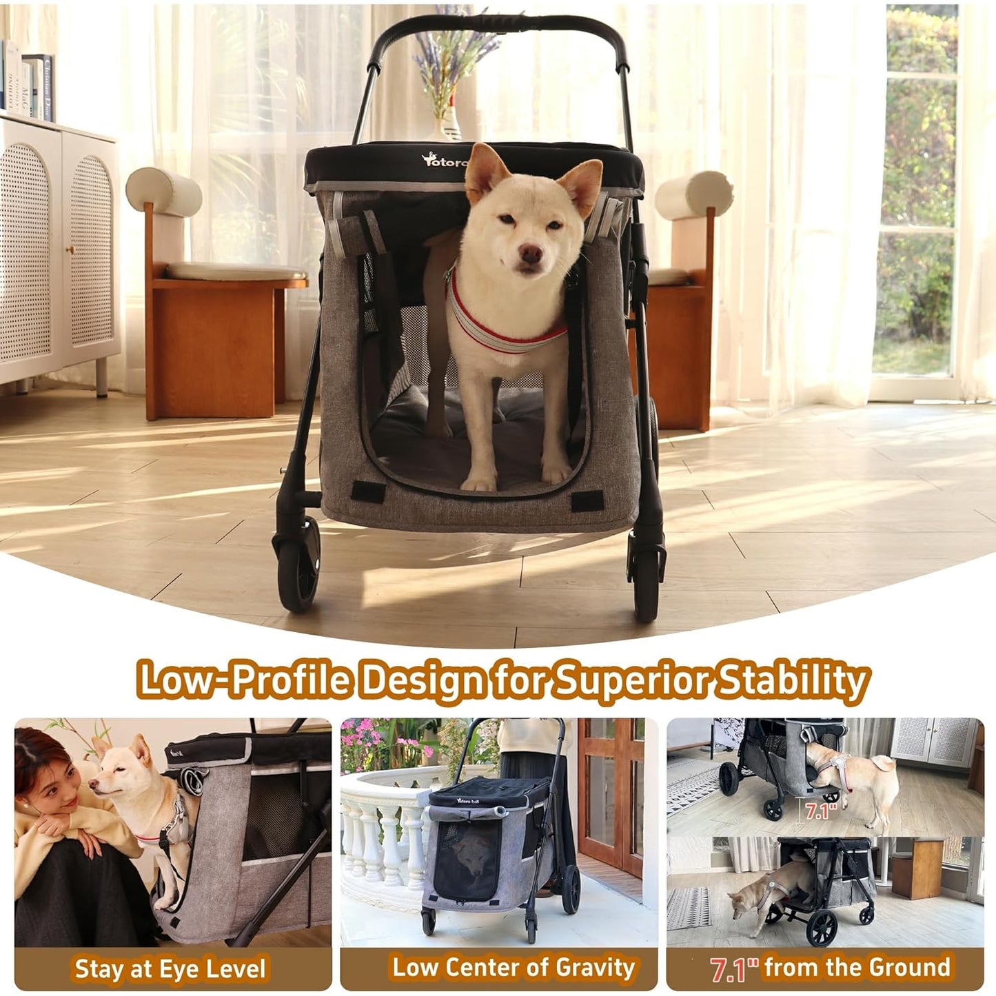 Medium Dog Stroller for Small to Large Dogs 4 Wheels Multi Pet Stroller for 4 Dogs Holds Up to 66lbs, One-Click Folding&Smooth Tires&Sunshade & Storage Basket (Gray, Medium)