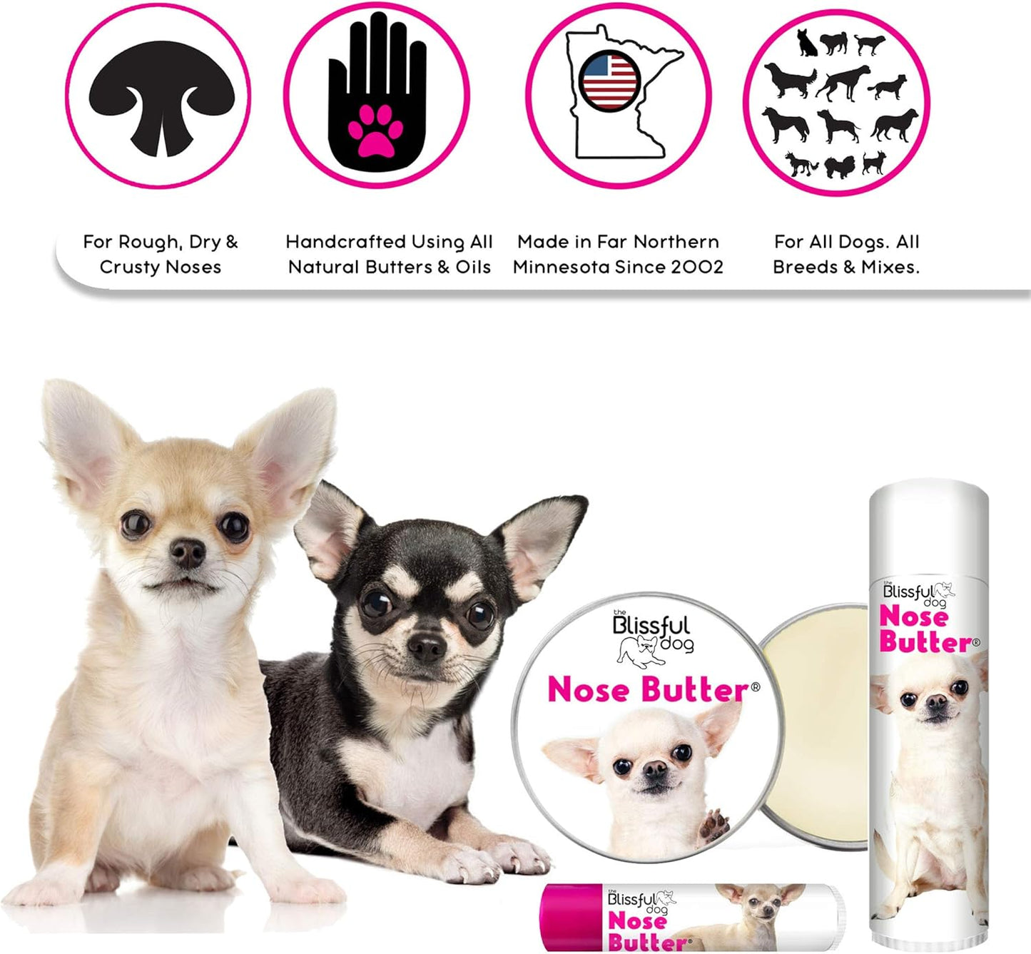 The Blissful Dog Smooth Coat Chihuahua Nose Butter for Dry, Cracked Skin, Lick-Safe Dog Nose Balm with Moisturizing Shea Butter, Almond, Olive, and Essential Oils, Pet Supplies, Uncented, 8 oz.