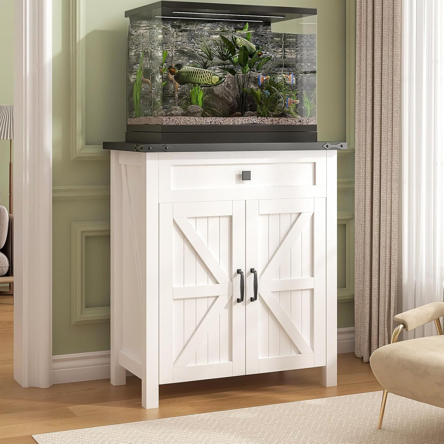 Suadism 20 Gallon Aquarium Stand With Charging Station, Farmhouse Fish Tank Stand, Reptile and Terrarium Stand with Drawer and Cabinet Storage, Sturdy Heavy Duty 27.6"15.7" - White