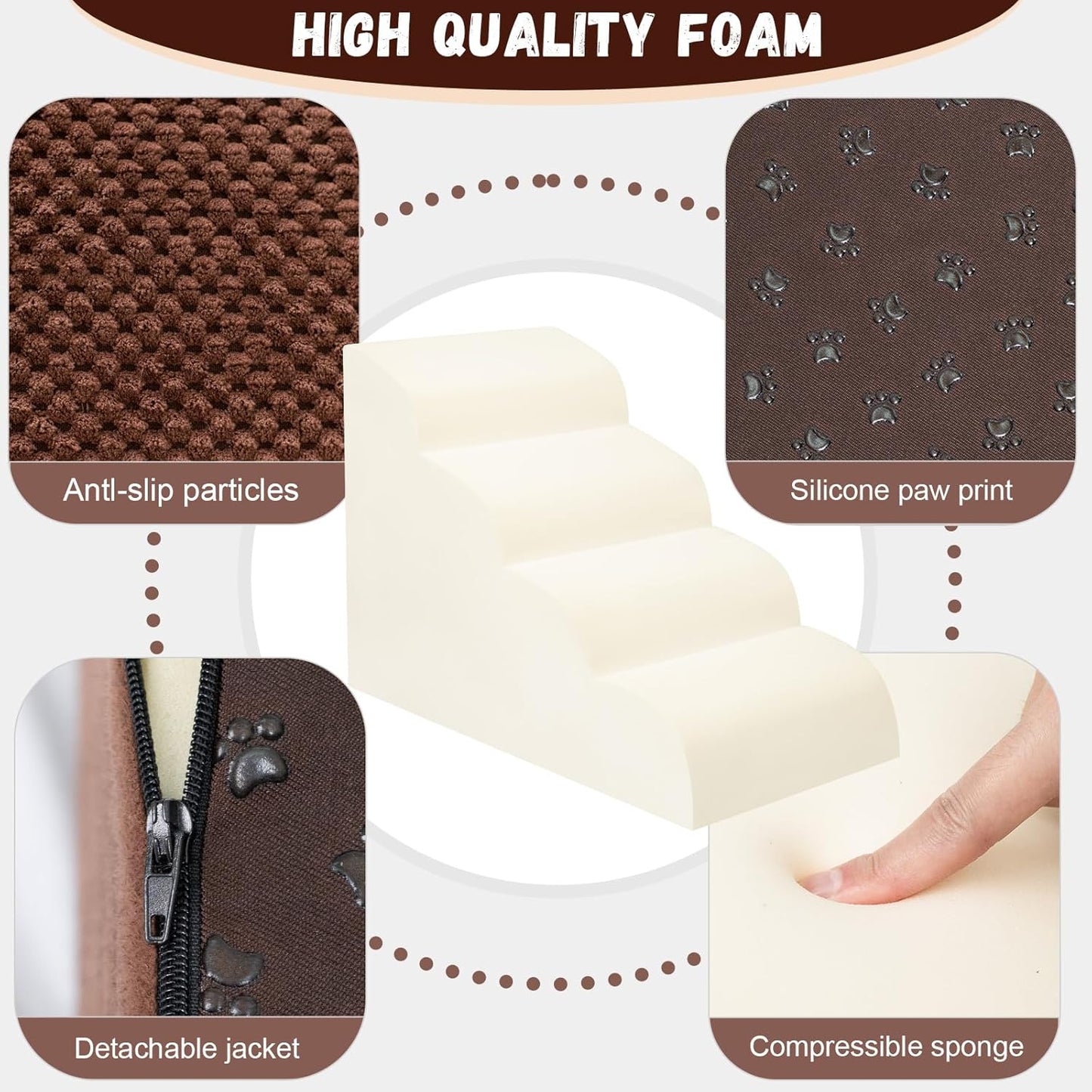 Dog Stairs for Small Dogs - High Density Foam Pet Steps, Extra Wide Dog Ramp with Non-Slip Bottom for High Beds, Couch and Sofa, Best for Dogs Injured, Older Doggy Cats,4 Steps, Brown