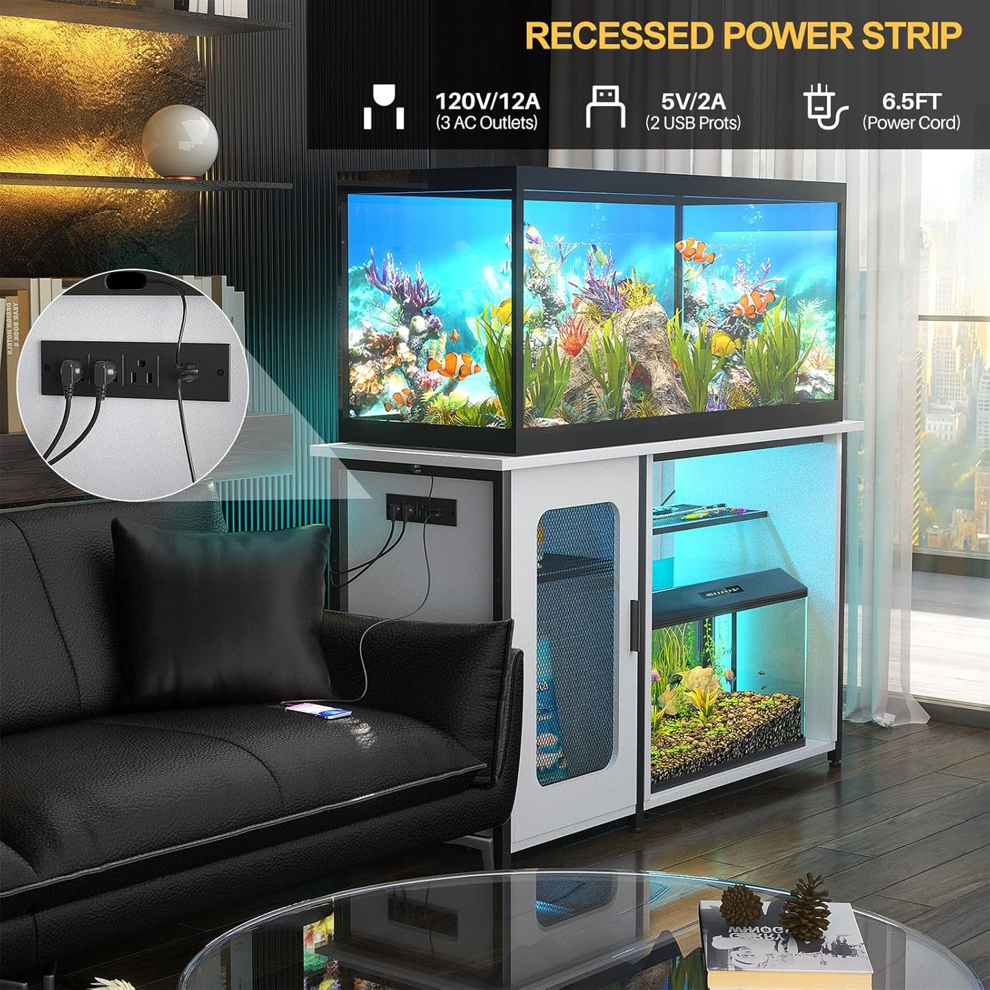 55-75 Gallon Fish Tank Stand with Power Outlets & LED Light, Reversible Heavy Duty Metal Aquarium Stand with Cabinet for Fish Tank Accessories Storage, Turtle/Reptile Terrariums, White