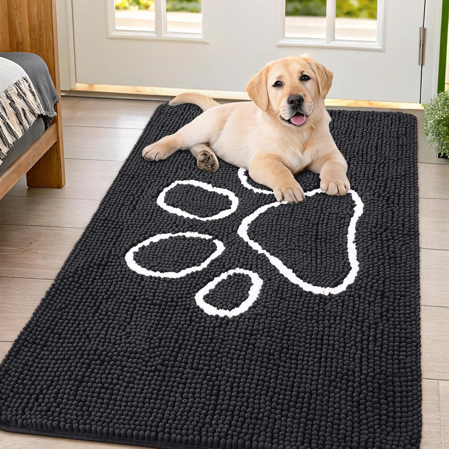 Smiry Dog Door Mat for Muddy Paws, Absorbent Dirt Trapper Non Slip Quick Dry Washable Chenille Mat for Mud Dogs, Entry Rug for Indoor and Outdoor (47x32 Inches, Black)