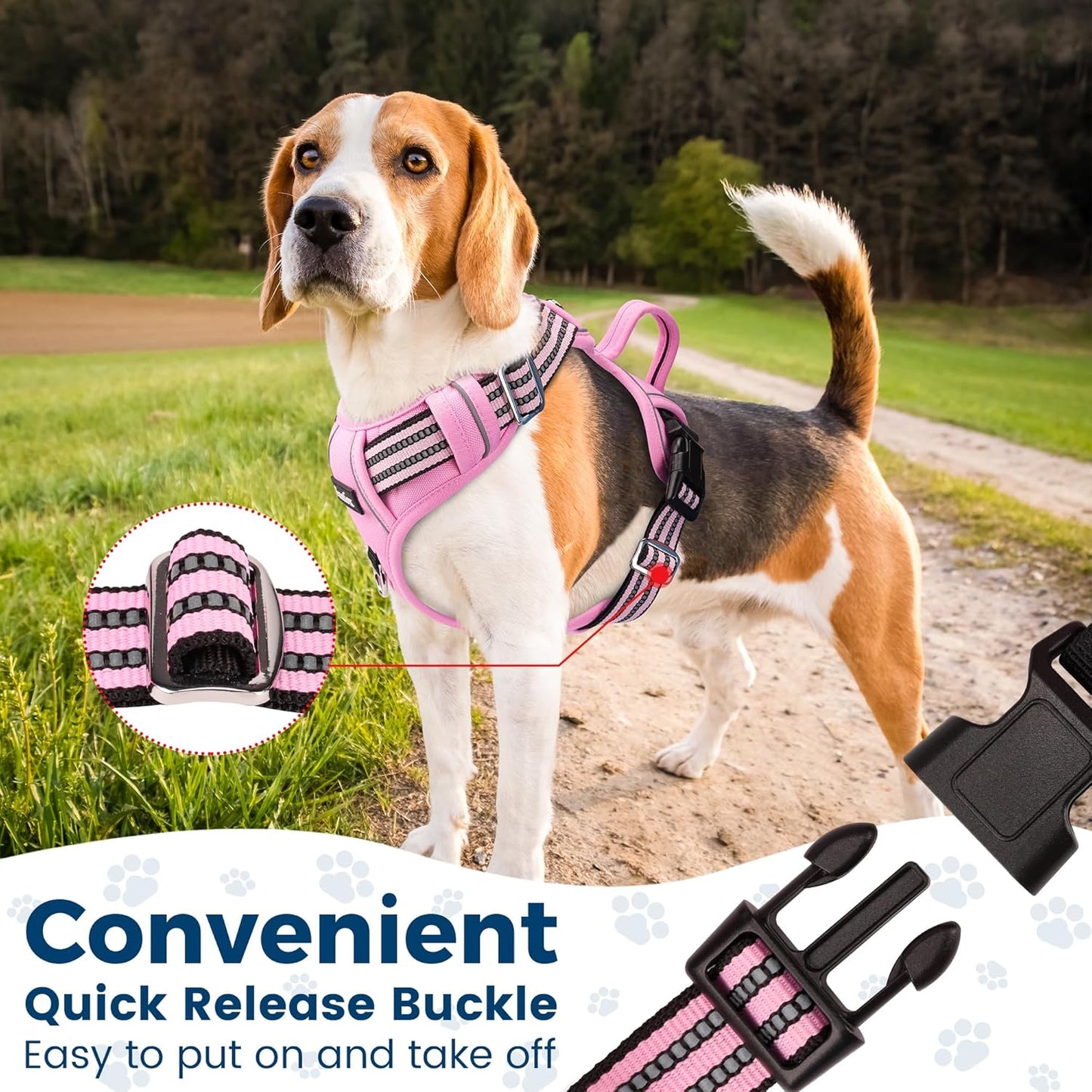 Funfox Dog Harness No Pull, Adjustable Pet Vest Harness, Super Soft Material with Vertical Handle Easy Control, Reflective Night Walking, 2 Leash Clips for XLarge Dogs, Pink, XL