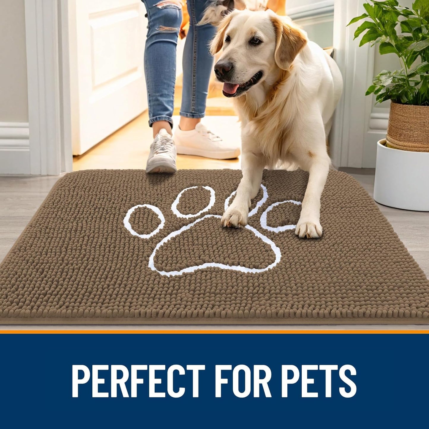 OLANLY Door Mat for Muddy Dog Paws 59x35, Ultra Absorbent Chenille Mud Doormat with Paw Print Design, Non-Slip Washable Doormat for Indoor Entryway, Quick-Dry Pet Bed Mats for Dirty Dogs, Tan