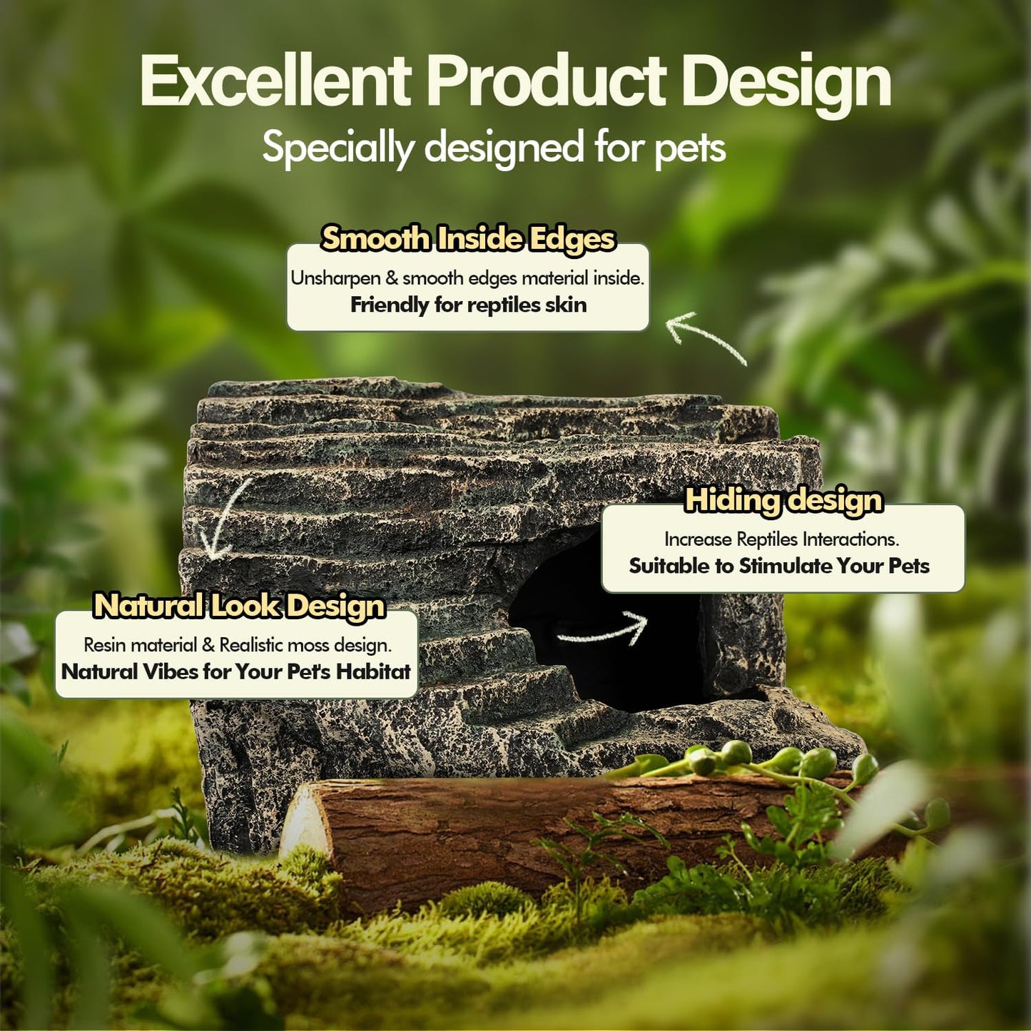 Reptile Hide, Great for Geckos, Snakes, Bearded Dragons & Lizards. with Steps for Reptile Rock Climbing, It Doubles as Aquarium Rock Cave Corner Reptile Cave for Climbing Hiding. (Stone, A-XLarge)