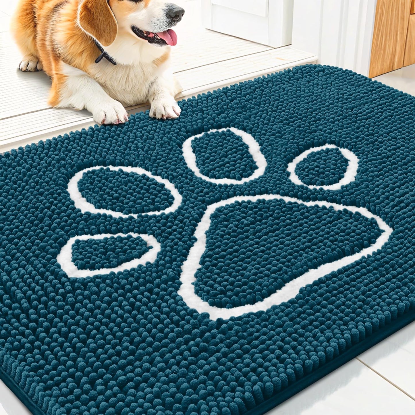 Smiry Dog Door Mat for Muddy Paws, Absorbent Dirt Trapper Non Slip Quick Dry Washable Chenille Mat for Mud Dogs, Entry Rug for Indoor and Outdoor (30x20 Inches, Atlantic Blue)