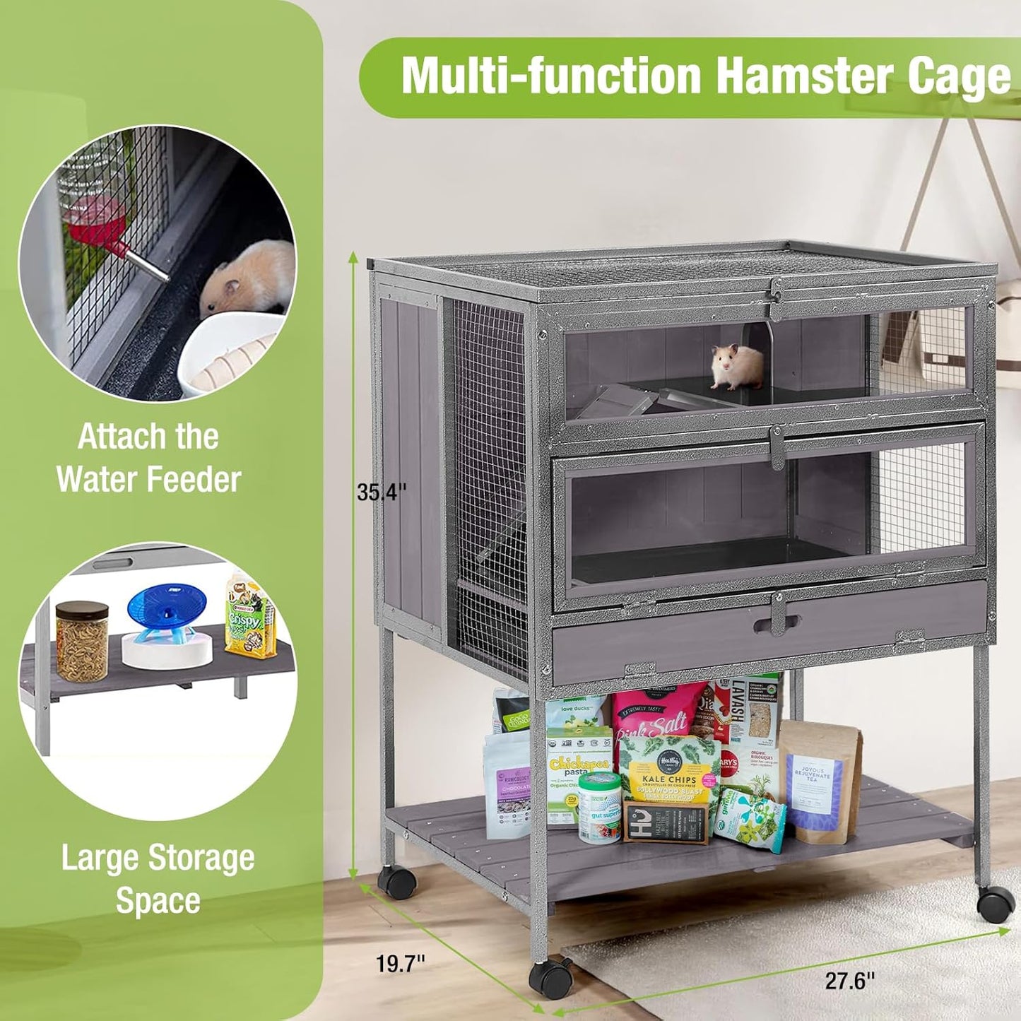 GUTINNEEN Guinea Pig Cage Hamster House with Anti-Chewing Metal Frame Rat Cage with Wheels and Storage