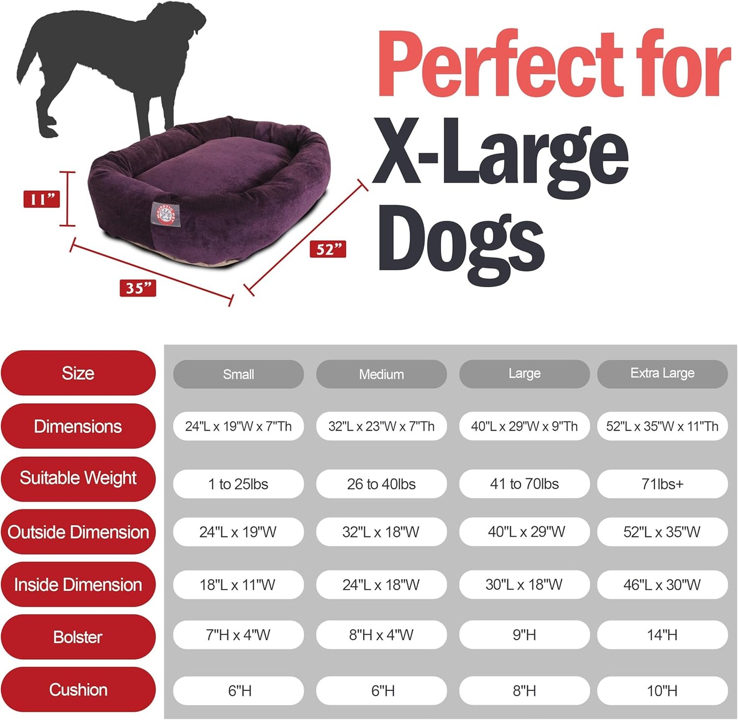 Majestic Pet 52 Inch Micro Velvet Calming Dog Bed Washable 52x35x11 (inch) – Cozy Soft Round Donut Dog Bed with Spine for Head Support -Pet Bed X- Large – Aubergine (2025)