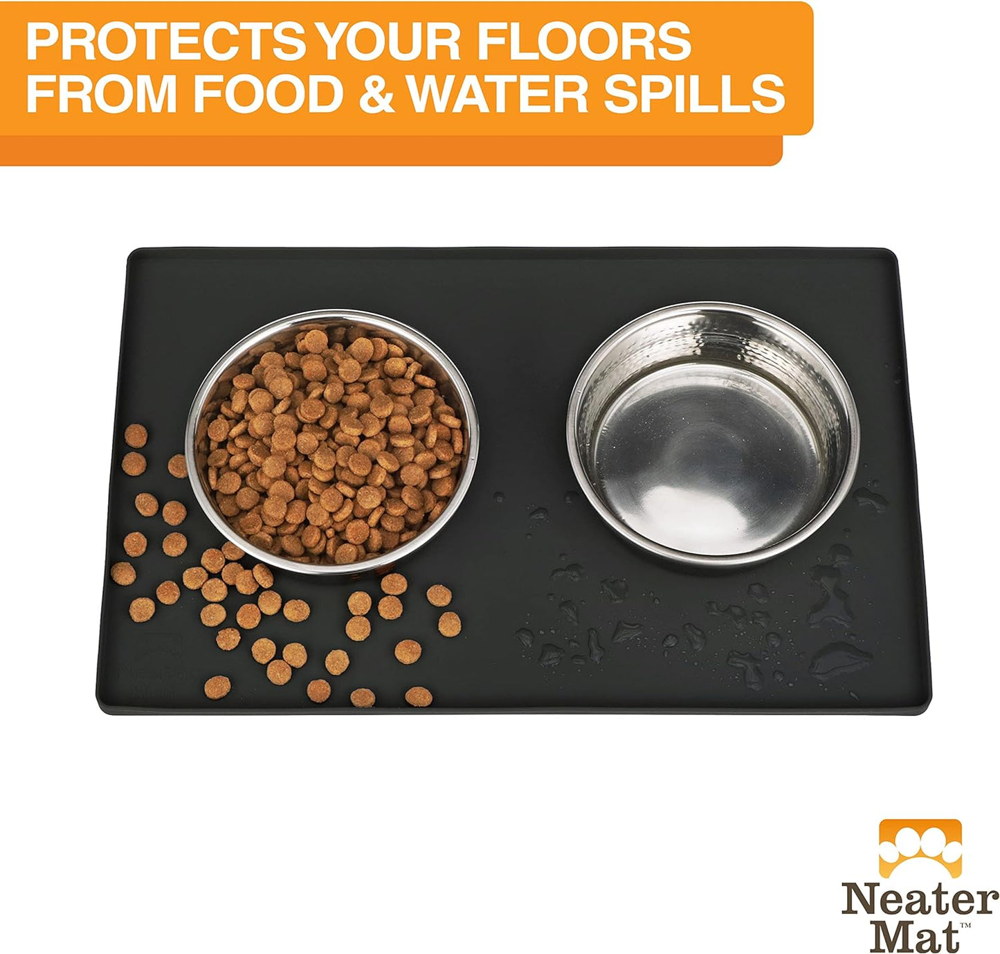 Neater Pet Brands Neater Mat Pet Mats for Food and Water, Cat & Dog Bowl Mat Waterproof Silicone, Feeding Tray, Dog Food Mats for Floors, Placemat w/Raised Edge for Under Bowls, 16” x 10”, Black