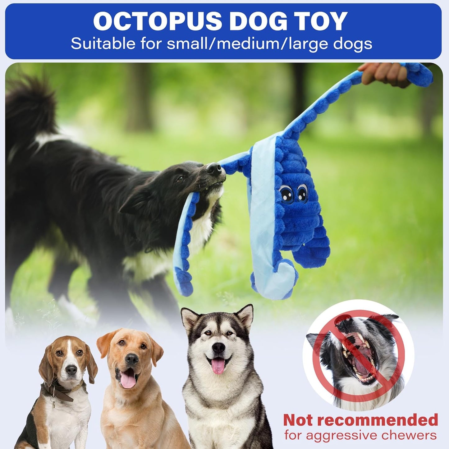 Prime Pets Squeaky Dog Toys for Large Dogs, 27” Extra Large Octopus Dog Toy to Keep Them Busy, Interactive Plush Chew Toy for Small Medium Large Dogs, Tug of War Pet Toys, Blue