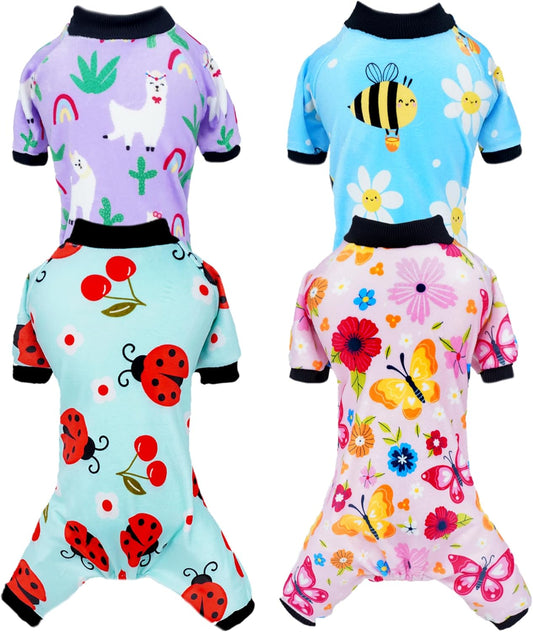 PET SHOW 4 Pack Small Dog Pajamas Spring Dog Clothes for Medium Dogs Girl Boy Soft Stretchy PJs Bee Ladybug Jumpsuit Puppy Cats Floral Onesies Outfits with Sleeve Pets Dachshund Costume(S, Spring)