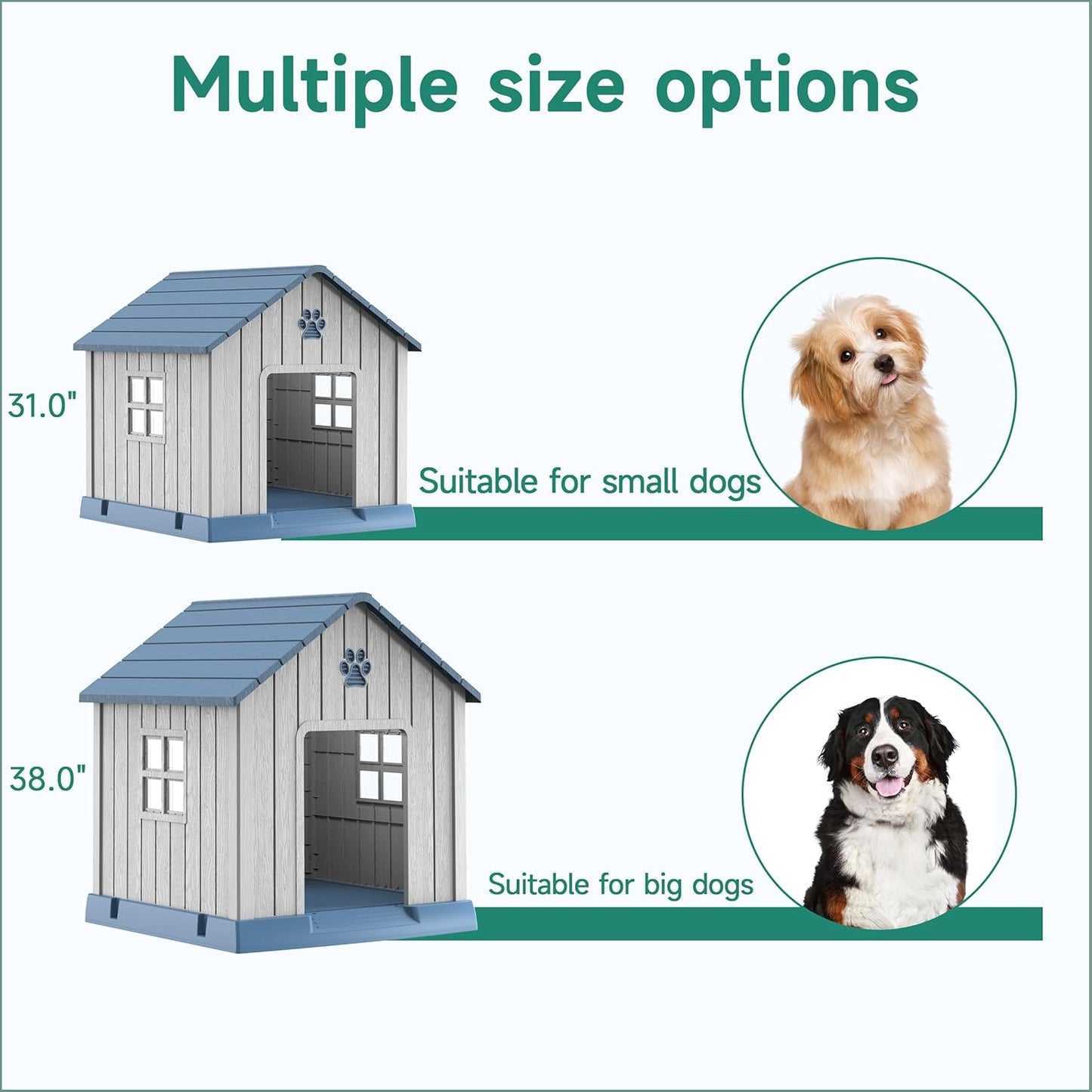 Vixzen 32in Large Outdoor Dog House,Durable Water Resistant Resin Dog House,Doghouse for Small to Large Dogs Indoor or Outside,with Air Vent and Elevated Floor,Blue