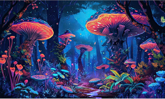 Mushrooms Aquarium Background Fantasy Bright Flowers Butterflies Fish Tank Backdrop Decoration Poster Trippy Wonderland Landscape with Giant Mystical Mushrooms Terrarium Background Decor 24x12in