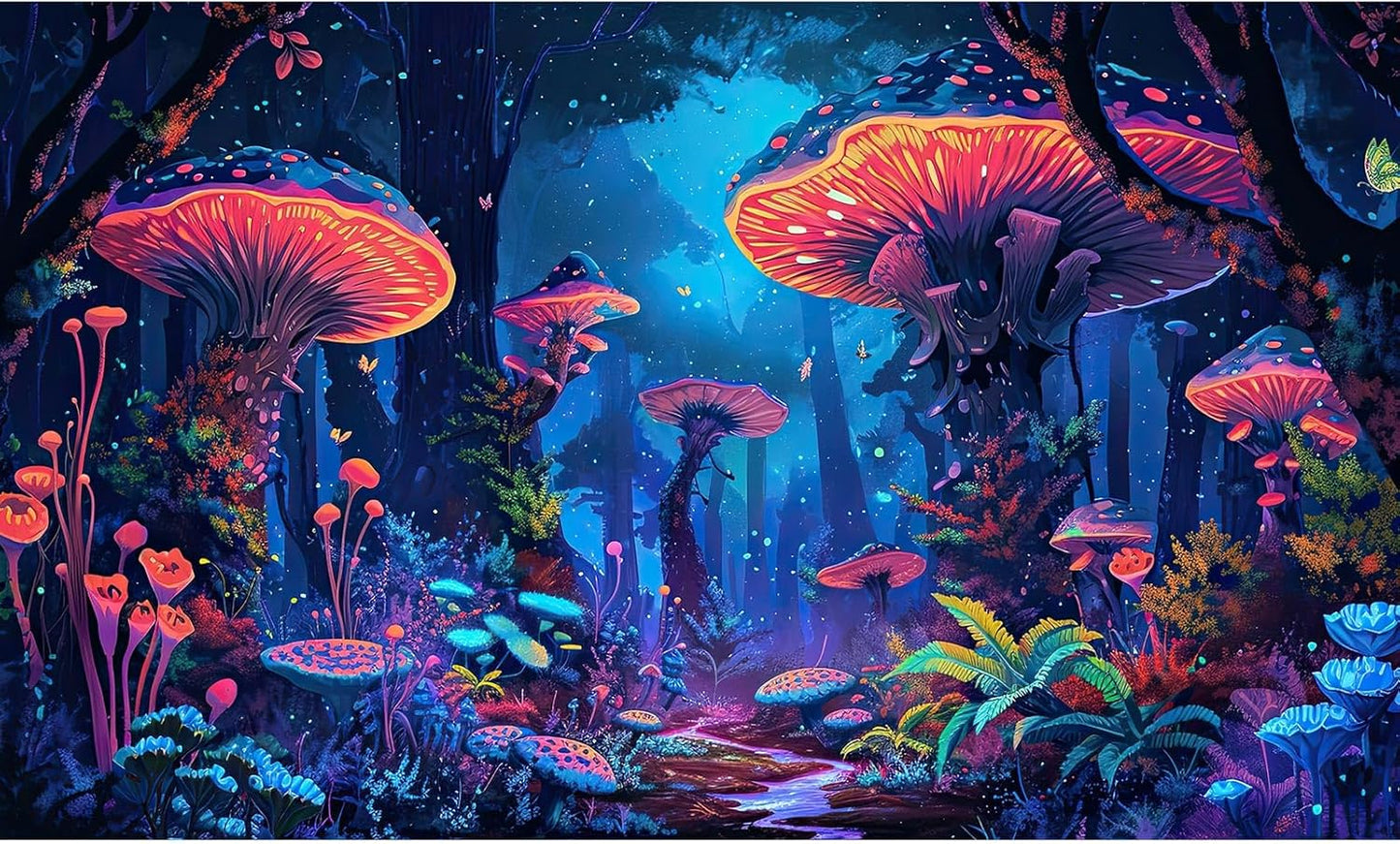 Mushrooms Aquarium Background Fantasy Bright Flowers Butterflies Fish Tank Backdrop Decoration Poster Trippy Wonderland Landscape with Giant Mystical Mushrooms Terrarium Background Decor 72x24in