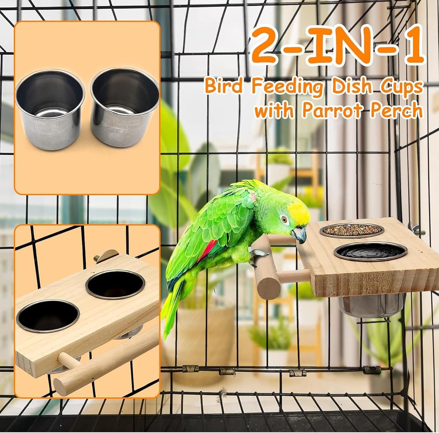 Tfwadmx Bird Feeding Dish Cups with Wooden Platform Hanging Stainless Steel Parrot Cage Feeder Bowl Wood Perch Stand for Parakeet Cockatiels Lovebirds Budgie (Small)
