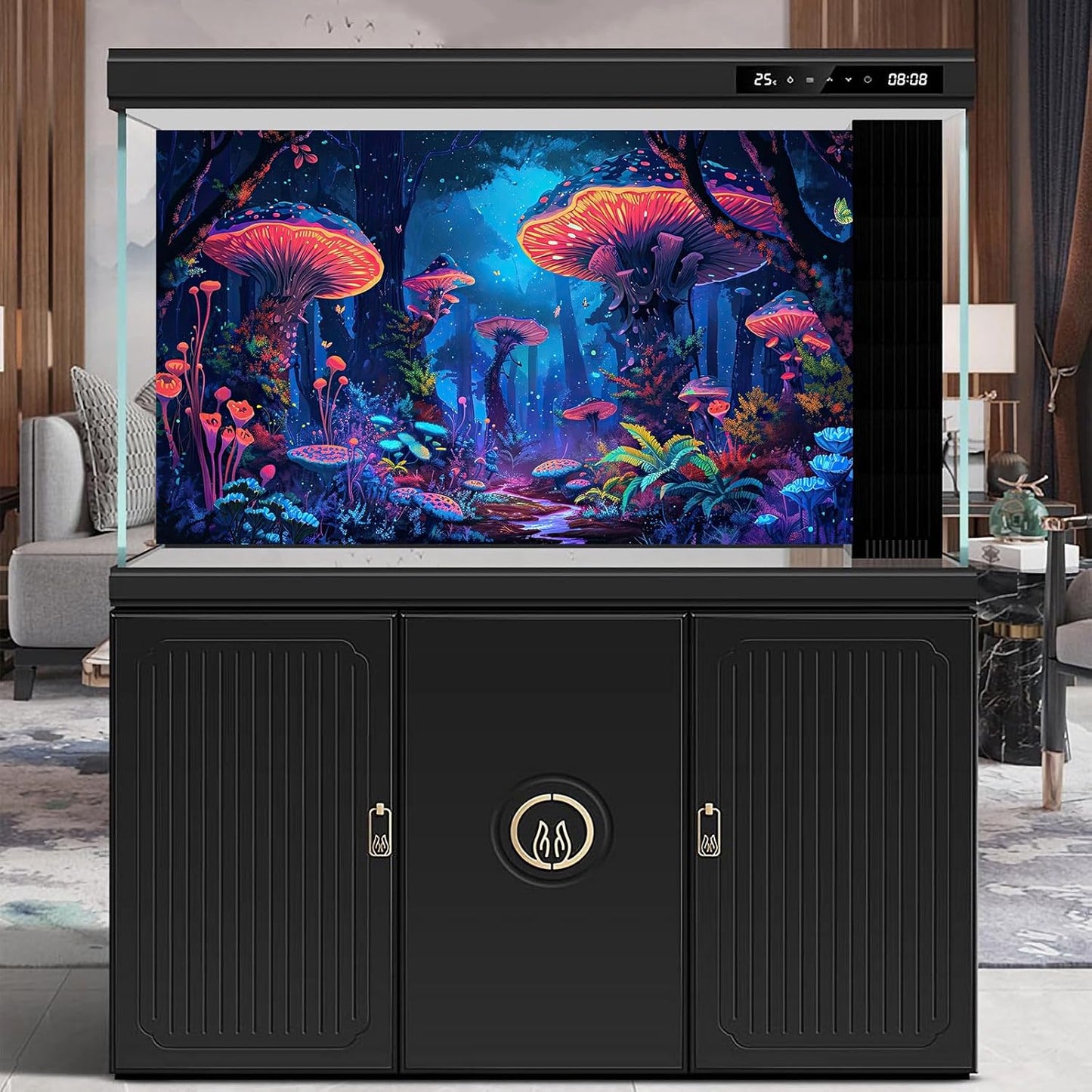 Mushrooms Aquarium Background Fantasy Bright Flowers Butterflies Fish Tank Backdrop Decoration Poster Trippy Wonderland Landscape with Giant Mystical Mushrooms Terrarium Background Decor 30x12in