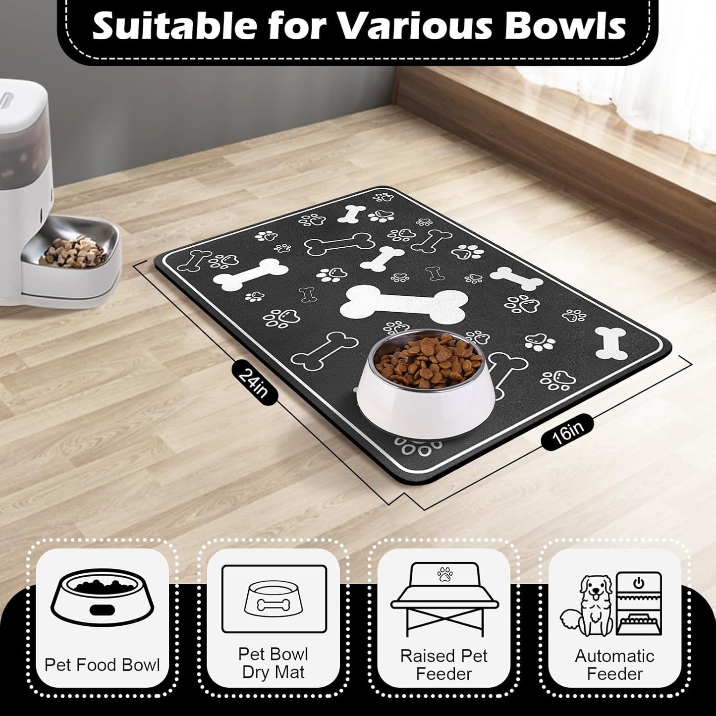 Pet Feeding Mat,Rapid Absorbent Mats for Dog Cat Food, Dog Placemat Water Bowl Mat with Rubber Backing,Messy Drinkers to Protect Floors, Pet Accessories 17"×29" Black