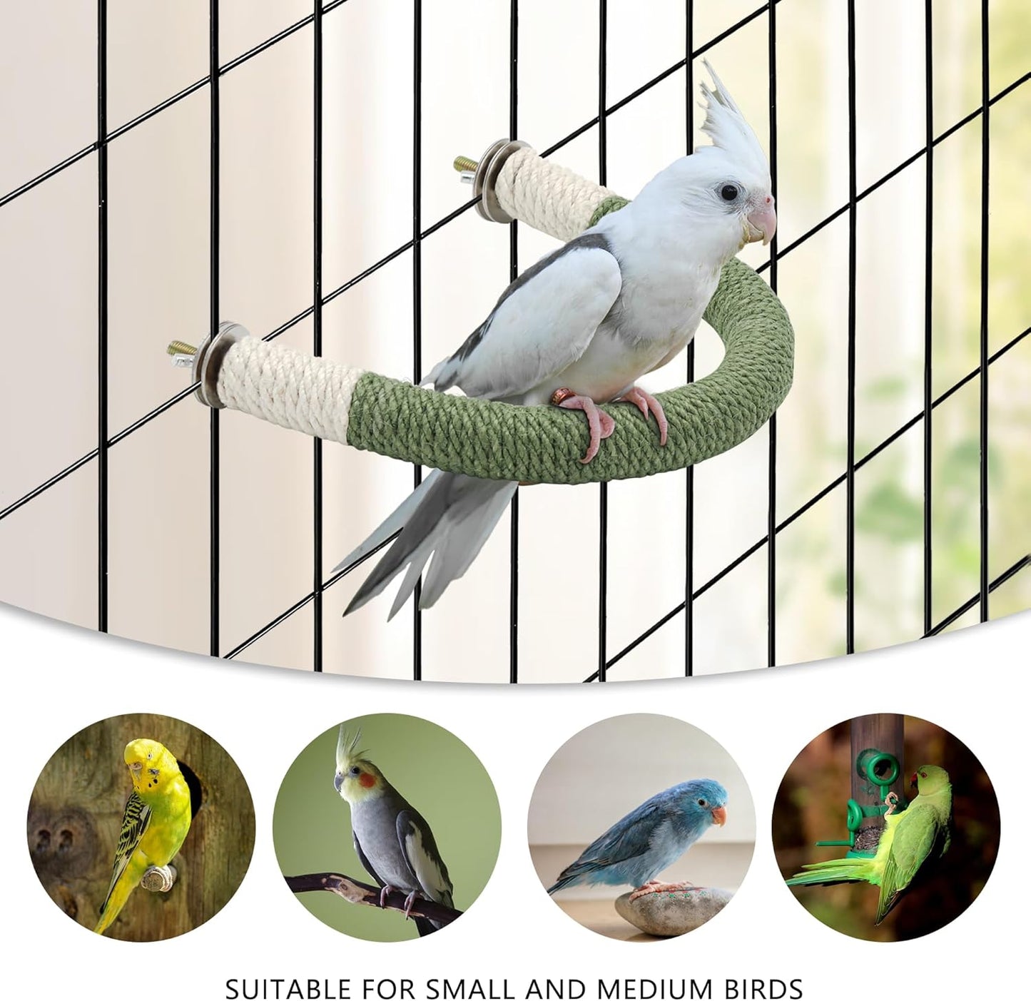 2 Pcs Medium Bird Stand Perch U Shape Hemp Rope Green Wood Parrot Perches for Medium Birds,Parakeets Macaw Cockatiels Conures Love Birds Finches,Bird Training Educational Stand Toys (M,2 Pack)