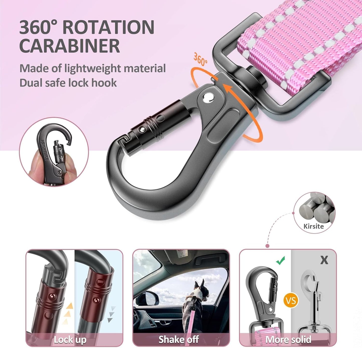 IOKHEIRA Dog Seat Belt 3-in-1 Car Harness for Dogs Adjustable Safety Seatbelt for Car Nylon Reflective Bungee Fabric Dog Car Harness with Clip Hook Latch & Buckle, Swivel Zinc Alloy Carabiner (Pink)