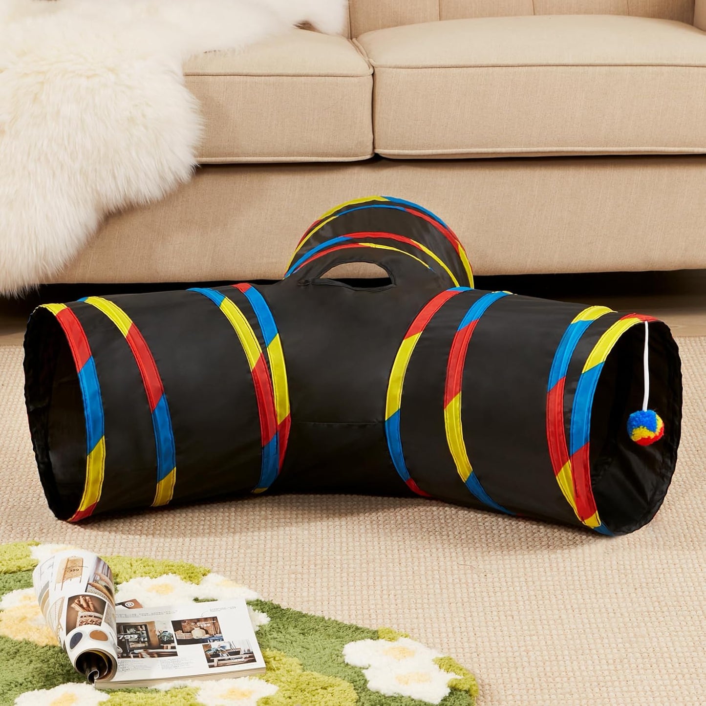 Tempcore 3 Way Collapsible Cat Tube Toys, Kitty Tunnel with Peek Hole Toy Ball, Black & Rainbow