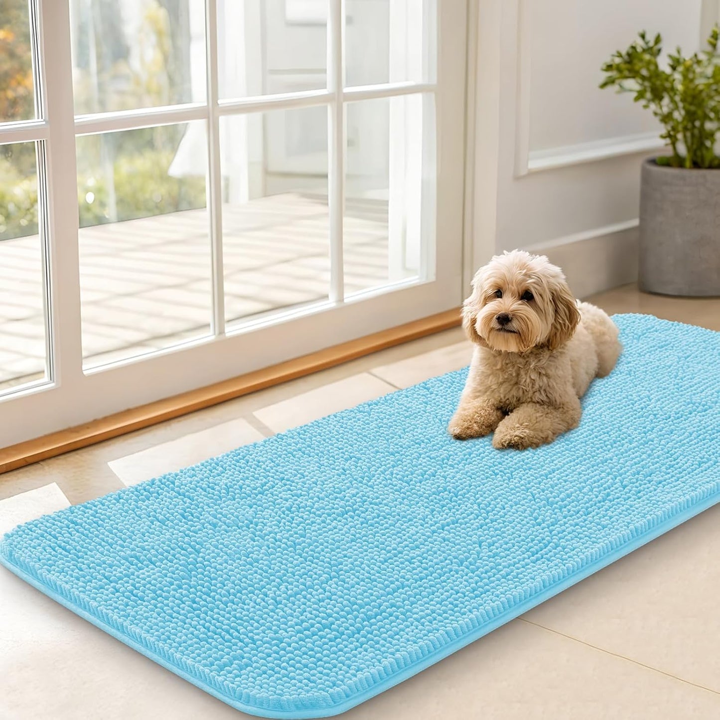 OLANLY Dog Door Mat for Muddy Paws 47x20, Absorbs Moisture and Dirt, Absorbent Non-Slip Washable Doormat, Quick Dry Chenille Mud Mat for Dogs, Entry Indoor Entryway Carpet for Inside Floor, Blue