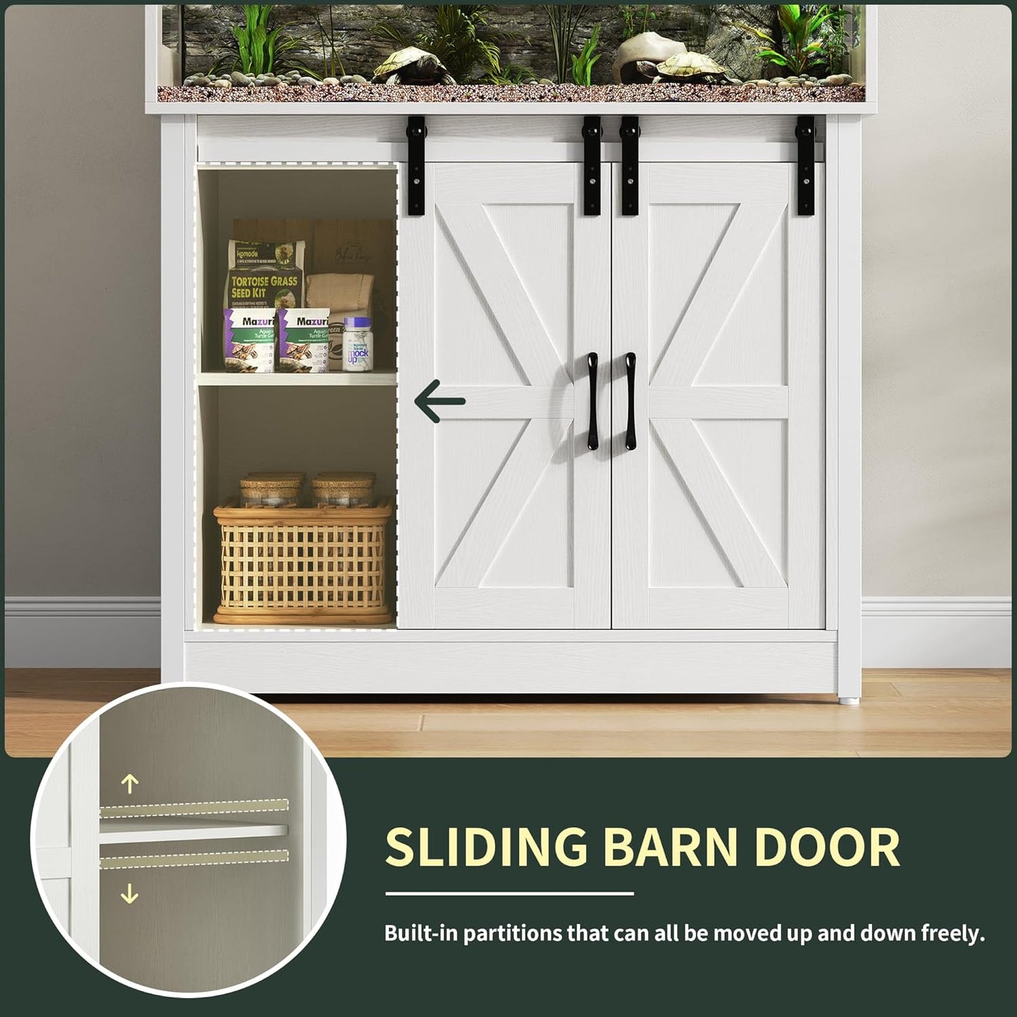 40 Gallon Reptile Terrarium with Stand, Reptile Tank with Barn Door and Storage, Vivarium with Acrylic Doors, Ventilated Mesh Top & Power Outlet, for Geckos, Lizards, Snakes White PX06RTW