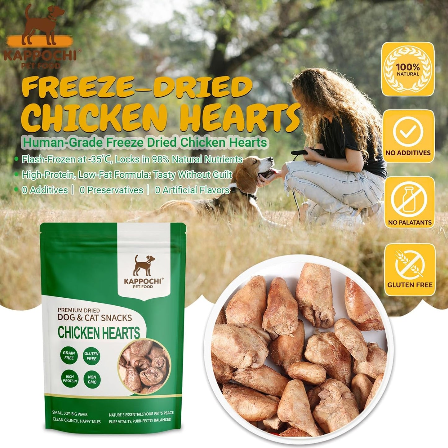 Freeze-Dried Chicken Hearts Dog Treats, 3.5oz(100.0g), 100% Single Ingredient, High Protein Training Treats, Natural & Raw, No Additives, Grain Free, Gluten Free