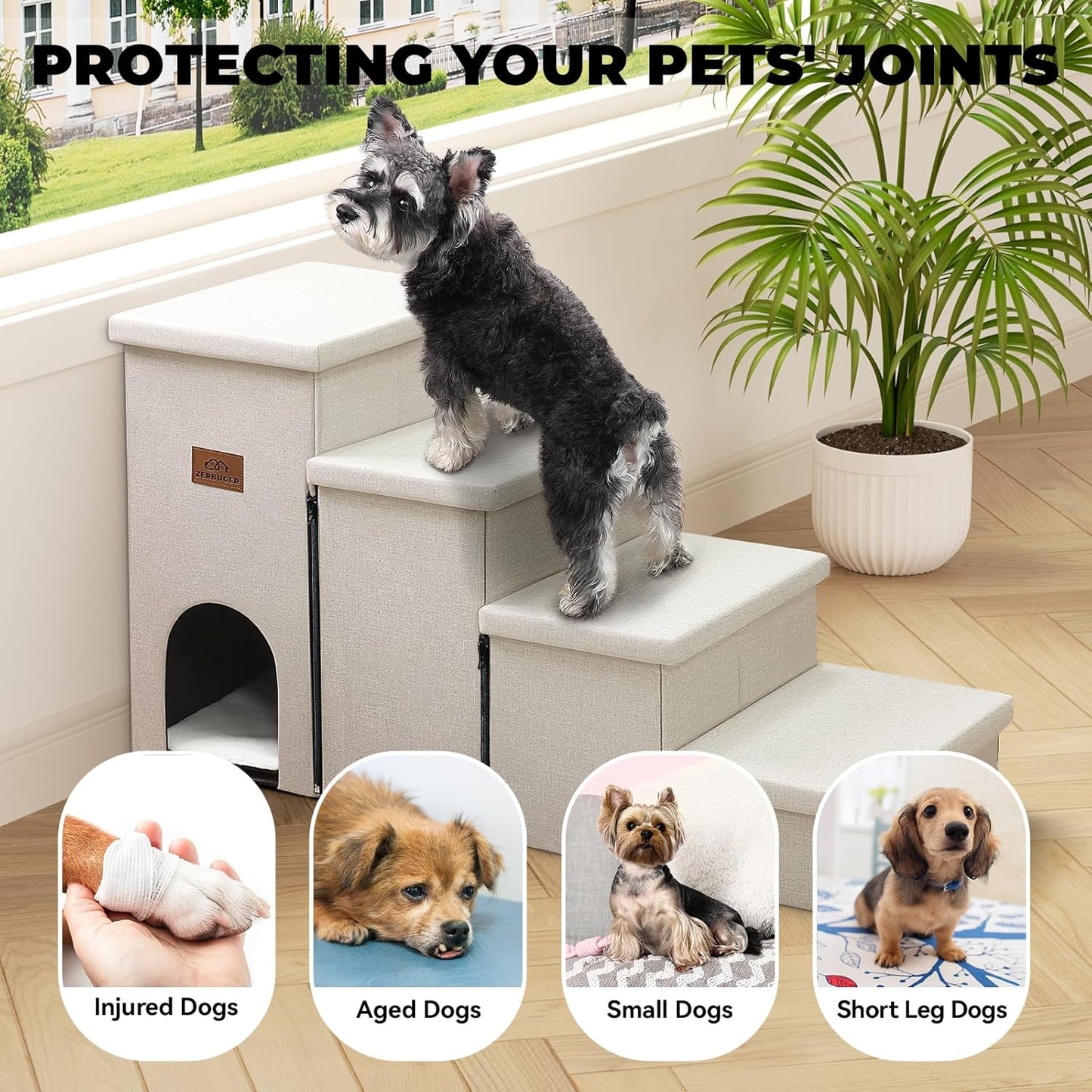 Dog Stairs with Condo 23" H, 4-Step Wider Folding Storage Pet Stairs Gift for Small/Medium/Large Old Dogs Cats, Dog Steps for High Beds Window, Ramp for Climbing Car Up to 200 lbs, Beige