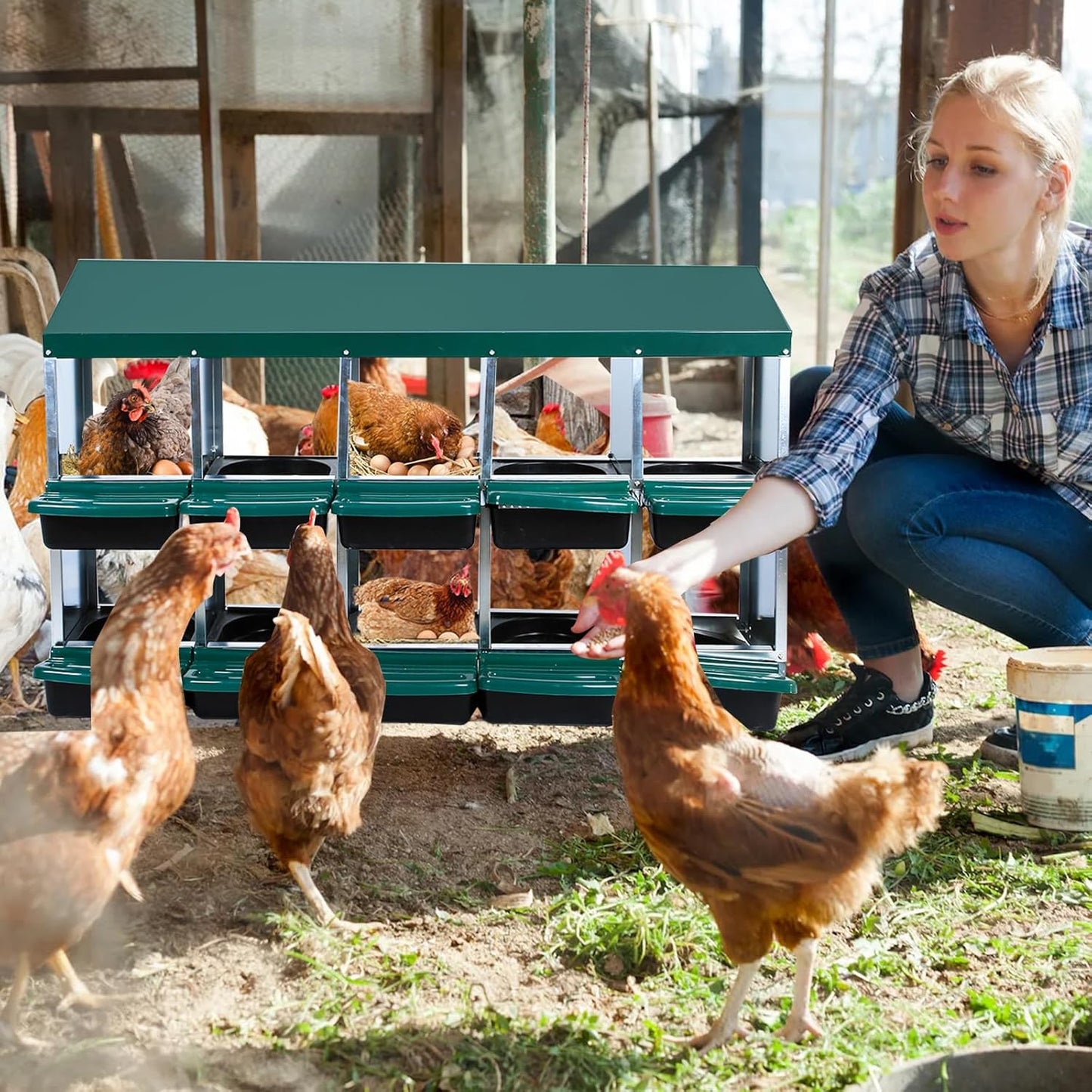 Nesting Boxes for Chickens, Chickens Laying Boxes for Chicken Coop, 10 Compartments Chicken Nesting Boxes, with Removable Tray, Easy Cleaning, for Hens Outdoor Chicken Coop Farm Yard, Green