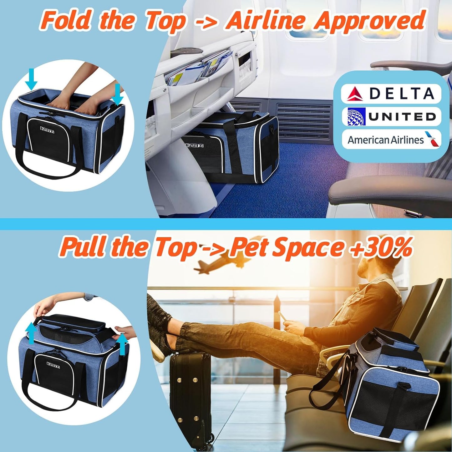Petskd Top-Expandable Pet Carrier 18x11x11 Inches Delta American United Airline Approved, Soft-Sided Carrier for Small Cats and Dogs with Locking Safety Zippers and Anti-Scratch Mesh(Blue)